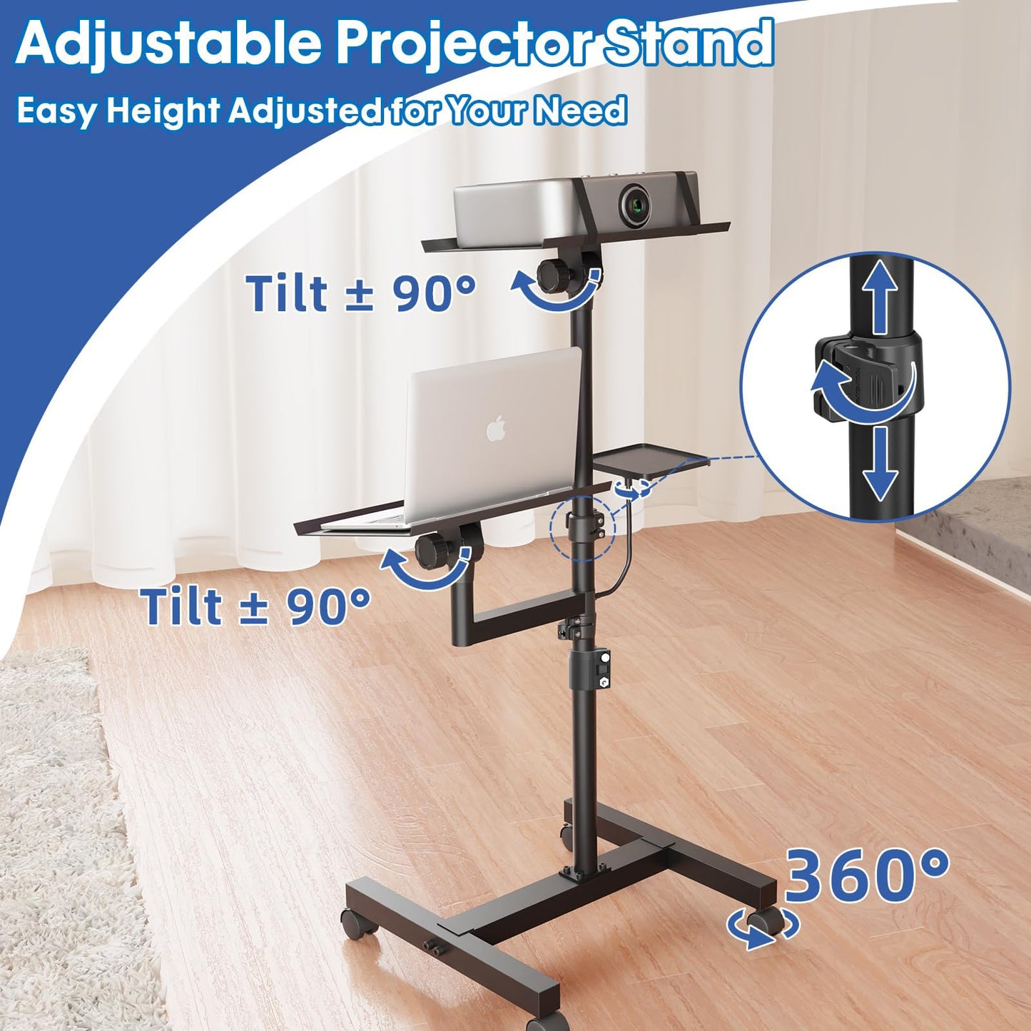 GSOW 2 Shelves Projector Stand, Height Adjustable to 47 Inches, Mobile Laptop Cart on Wheels, Heavy Duty Projector Tripod Stand, Rolling Laptop Floor Stand for Bedside, Office, Home, Game Room