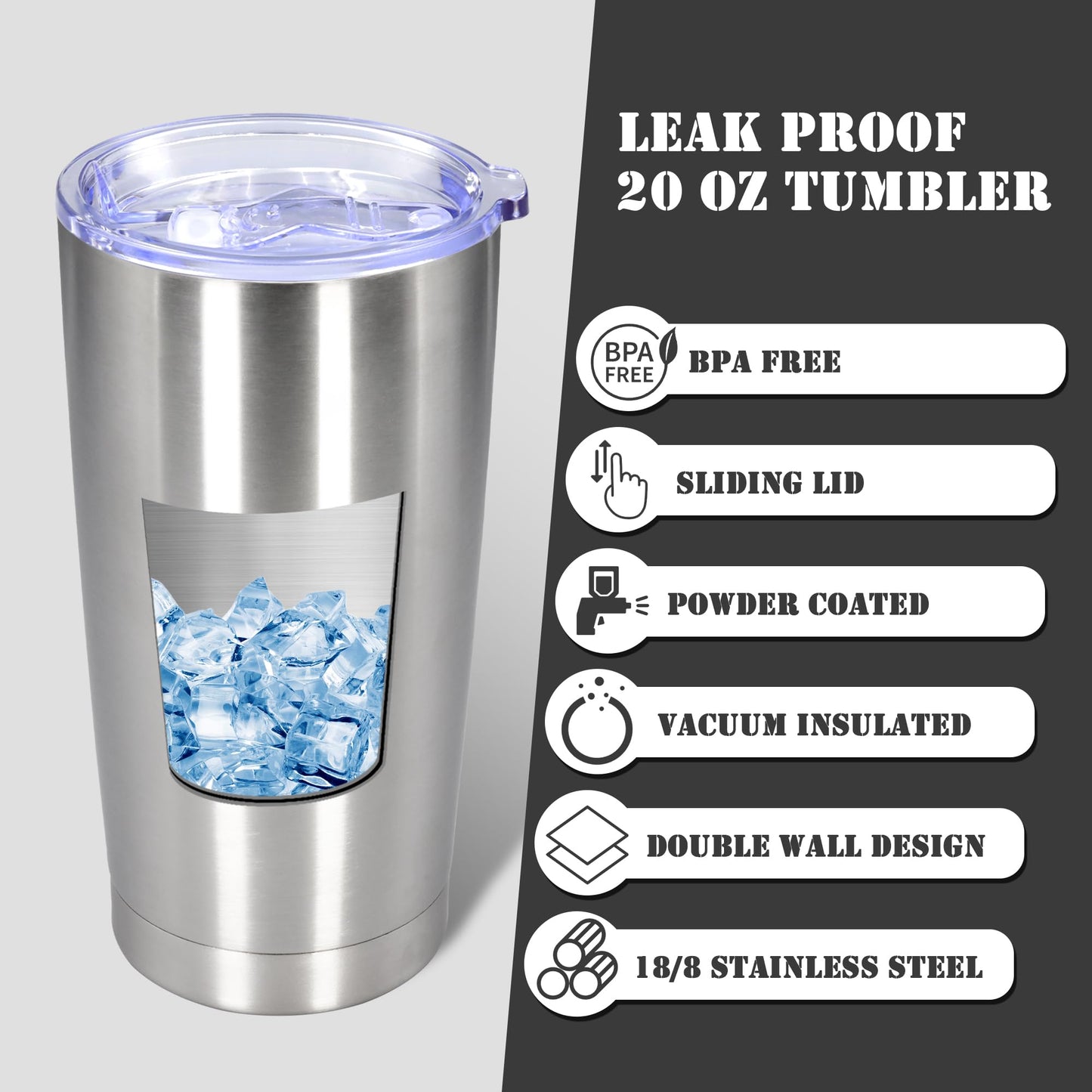 Eyasure 20 oz Tumbler with lid Double Wall Vacuum Insulated Tumblers Stainless Steel Coffee Mug Travel Coffee Tumbler Powder Coated Tumbler Cup Keep Hot&Cold - (Stainless 6 Pack)