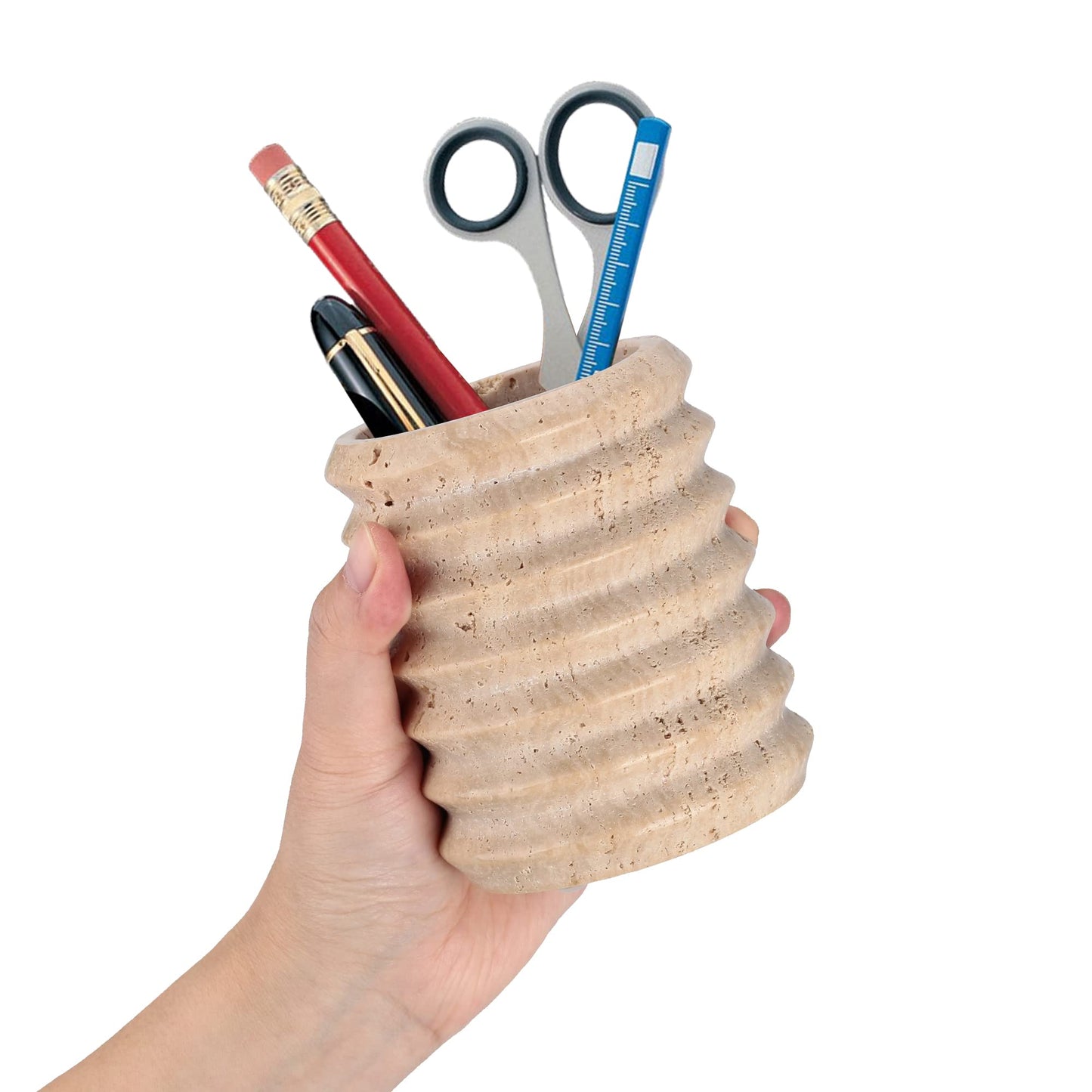 WORHE Pen Holder Stand for Desk, Natural Travertine Stone Makeup Brush Holders, Modern and Functional Pencil Cup for Office Supplies Tableware Organizer for Home Decor School Beige (PH90110)