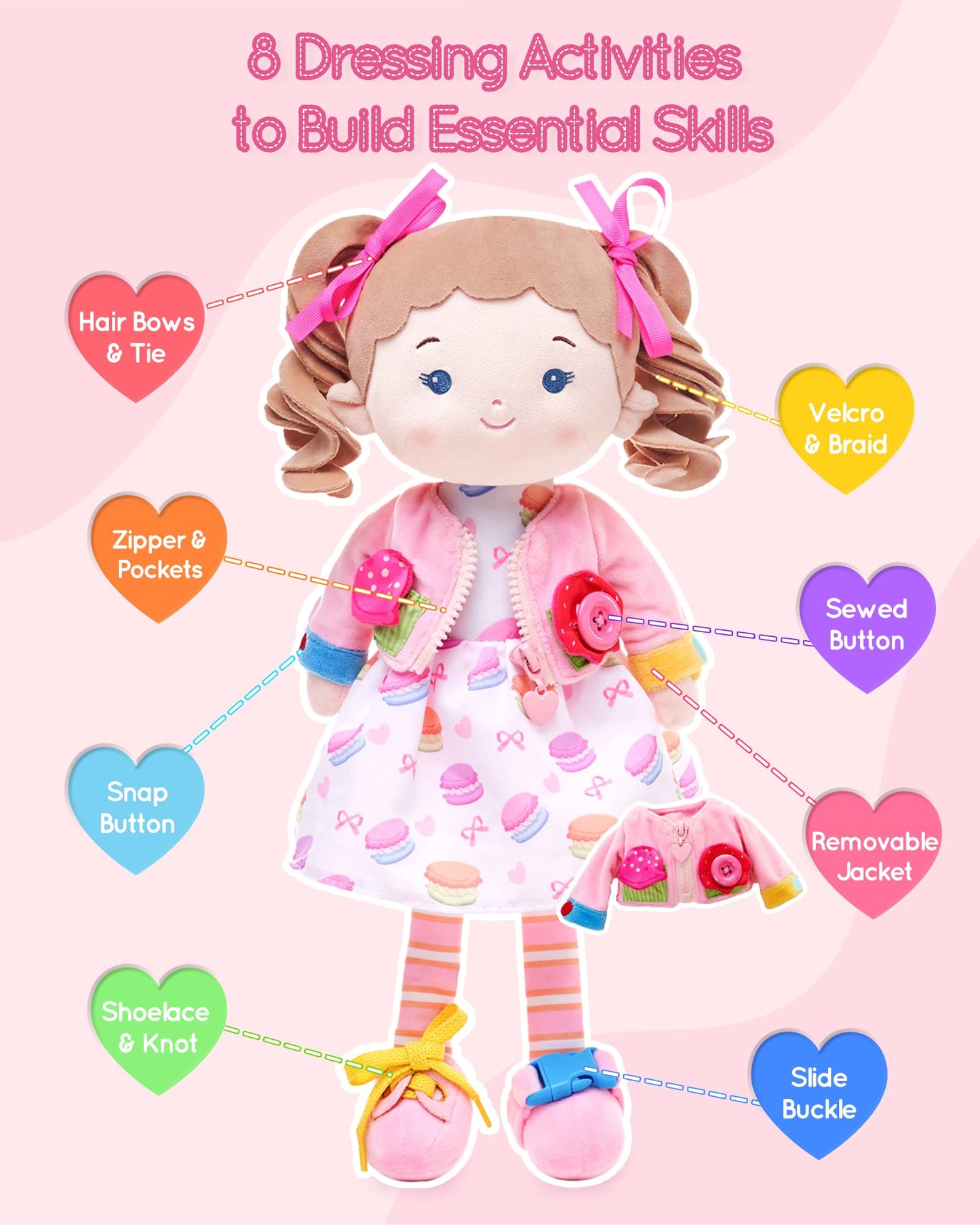 LeyaDoll Soft Bady Educational Soft Baby Doll(16''), Learning Sensory Doll for Toddlers, Montessori Toys for 2-Year-Old Girls Christmas, Birthday Gifts, Plush Toy with Button-Busy Cupcake-Girl