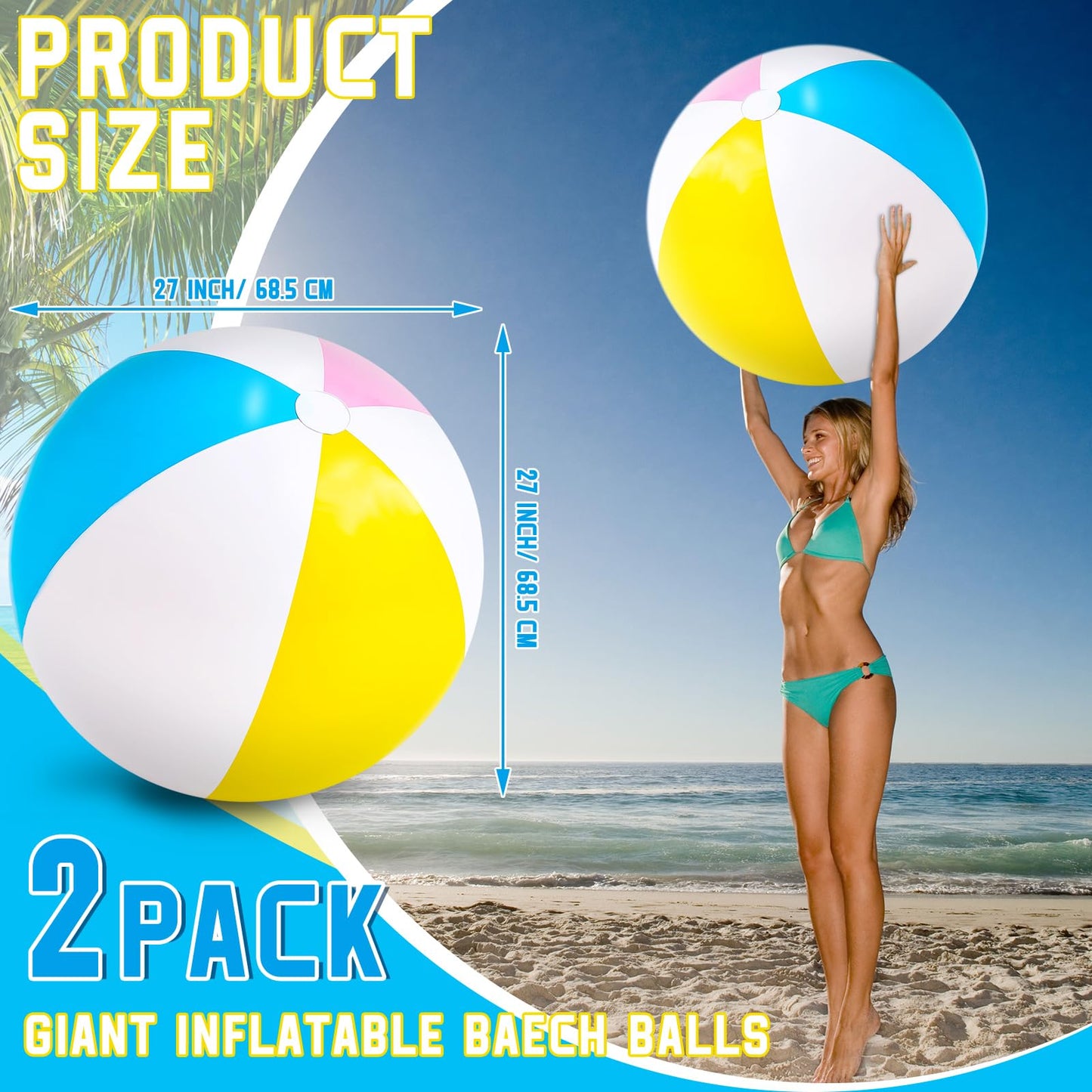 Supervitae 2 Pcs 27 Inch Rainbow Beach Balls Giant Inflatable Large Pool Beach Balls Inflatable Swimming Pool Toys for Summer Water Games (Bright Color)