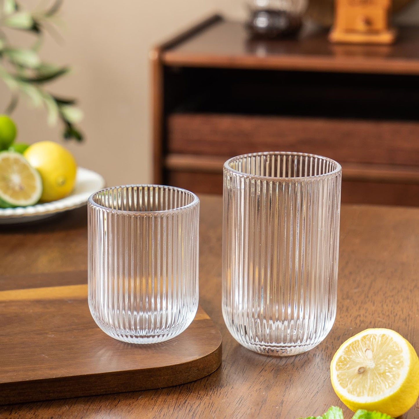Lumkit Ribbed Drinking Glasses 8pcs, Rocks Drinking Glasses 12oz and 10oz, Tumbler Glasses Cup Set for Wedding, Party, Christmas Gift, Clear