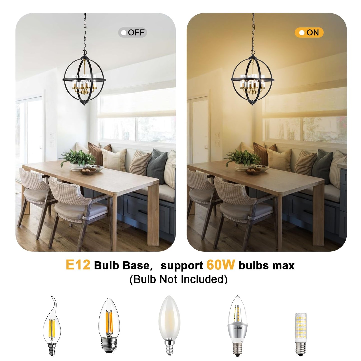 Treekee Rustic Chandelier, 14" Farmhouse Globe Orb Pendant Light, Vintage Black and Gold 3-Light E12 Adjustable Ceiling Hanging Fixture for Kitchen, Dining Room, Living Room, Bedroom, Entryway, Foyer