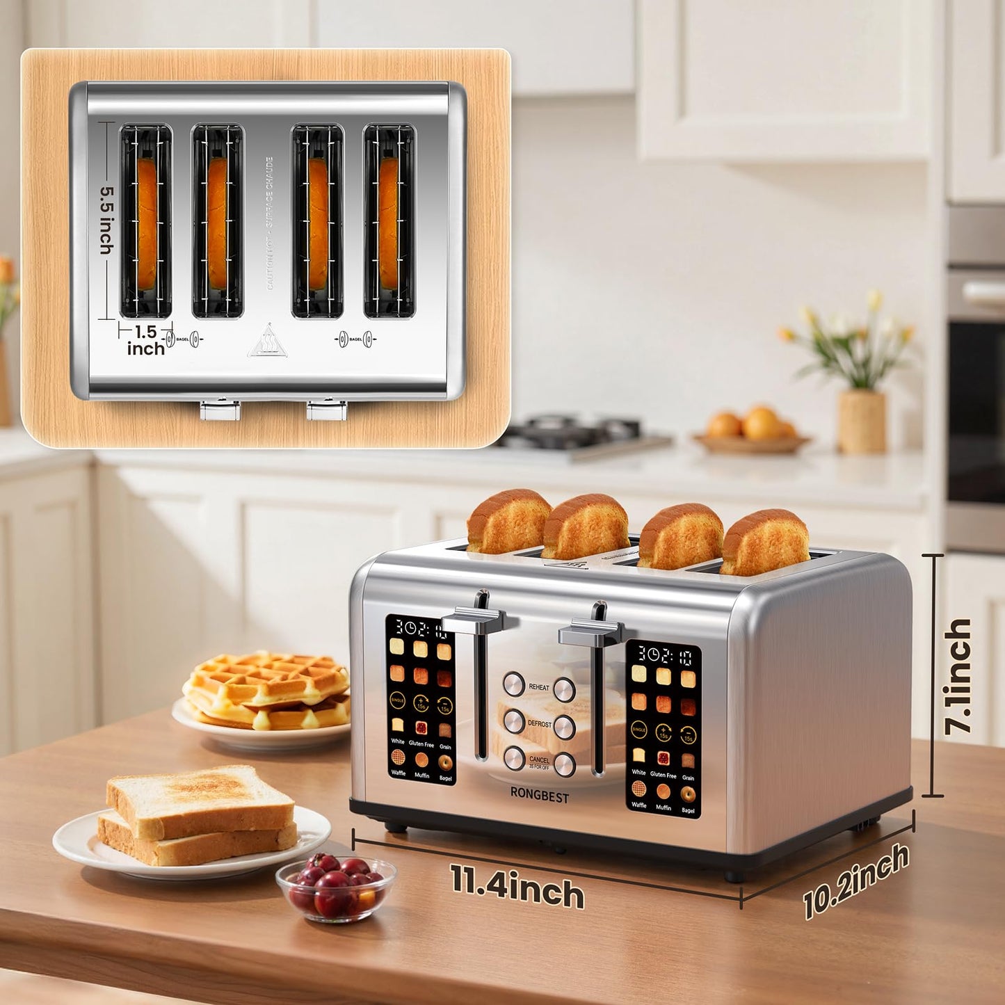4 Slice Touch Screen Toaster, Stainless Steel Toaster with Wide Slots for Bagels and Bread, Reheat/Defrost/Cancel Functions, Removable Crumb Tray, Silver