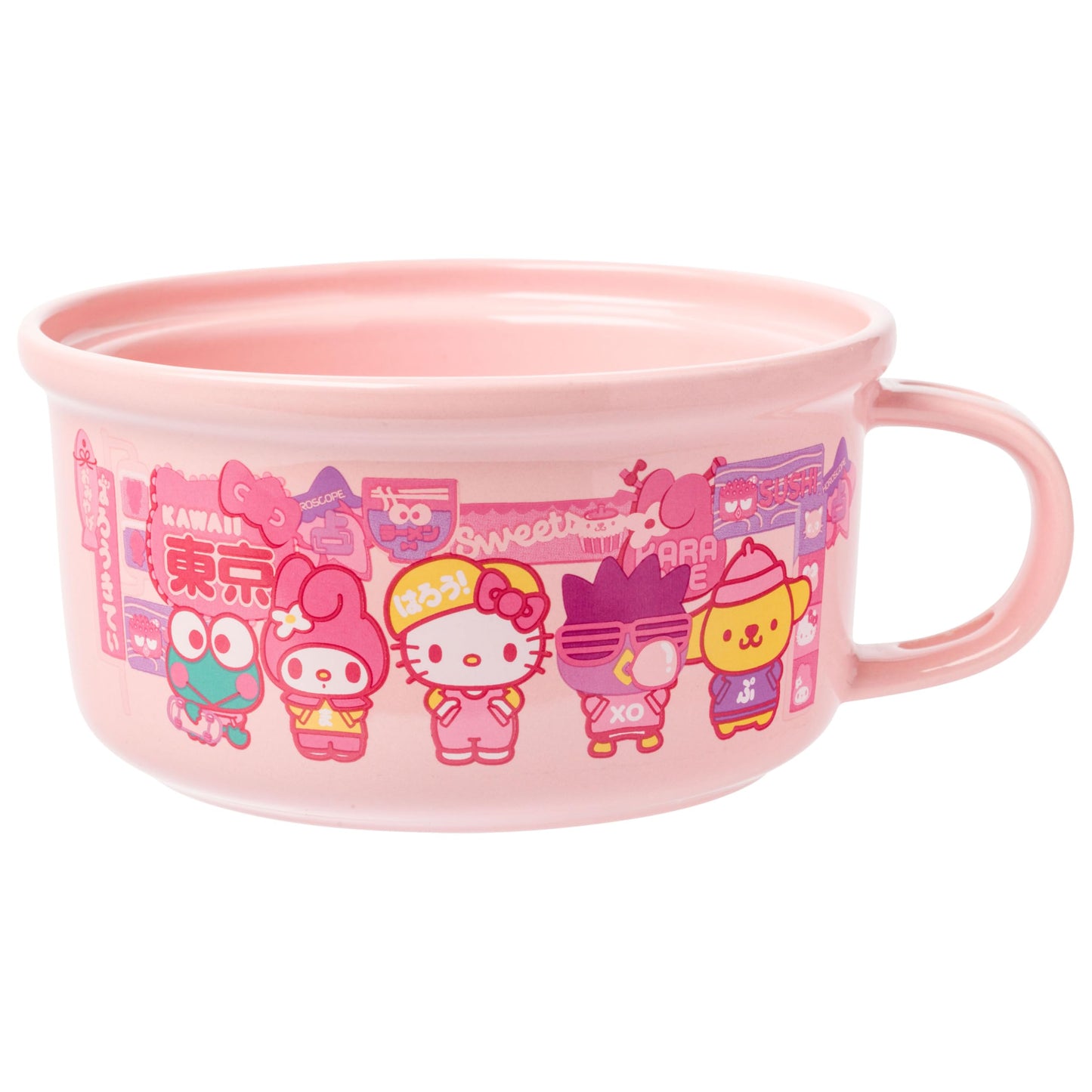 Silver Buffalo Sanrio Hello Kitty and Friends Featuring Keroppi, My Melody, Badtz-Maru, and Pompompurin Soup Mug and Bowl Lid with Spoon and Chopsticks, 13 Ounce Bowl Lid, 22 Ounce Soup Mug