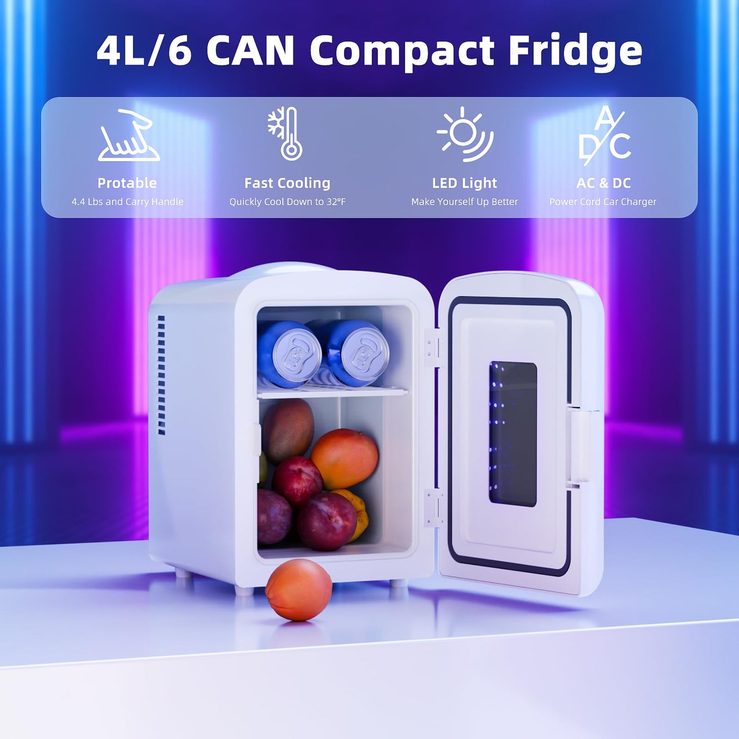 Antarctic Star Mini Compact Refrigerator with Gaming Light, 4L Capacity/6 Cans Portable Mini Fridge, for Bedroom,Car,Office and Dorm, Small Cooler for Cosmetics, Beverage and Food, White