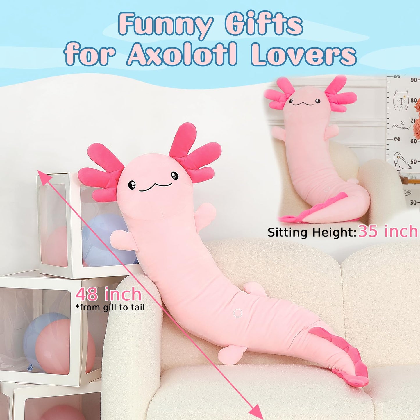 Tezituor Pink Axolotl Stuffed Animal for Girls 6-12, 48 inch Glow-in-Dark Plush Toy 4ft Body Pillow for Adults Mother's Day Large Stuffed Salamander Axolotl Lovers Gifts Christmas Valentines