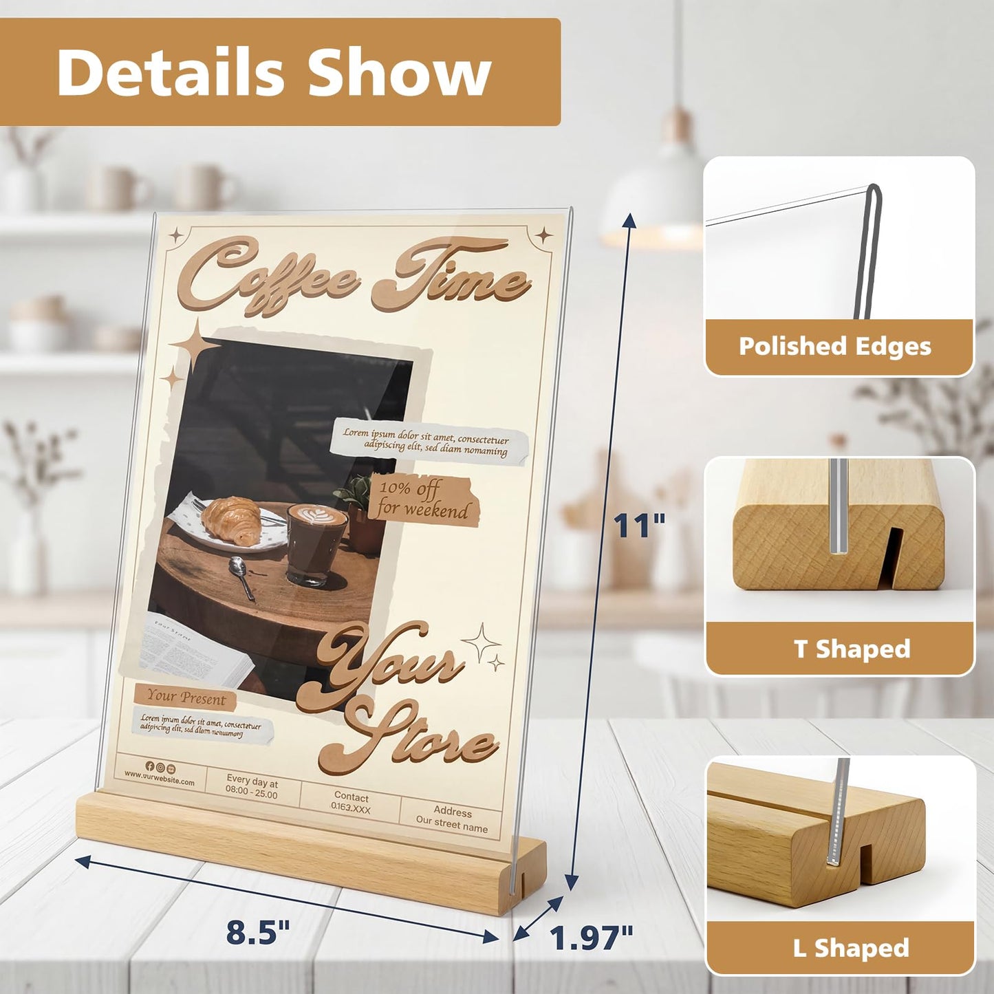 Comix 8.5x11 Clear Acrylic Sign Holder with Wood Base 6 Pack L/T Shape Table Display Stand Vertical or Slant Back Display for Wedding, Restaurant, Store, Office, Hotel