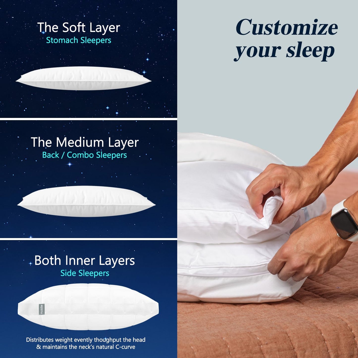Nuzzle Queen Size Adjustable Firm Pillow – Hotel Luxury Neck Support, Height Adjust Soft Cooling Pillow for Back, Stomach or Side Sleepers-Home Gift