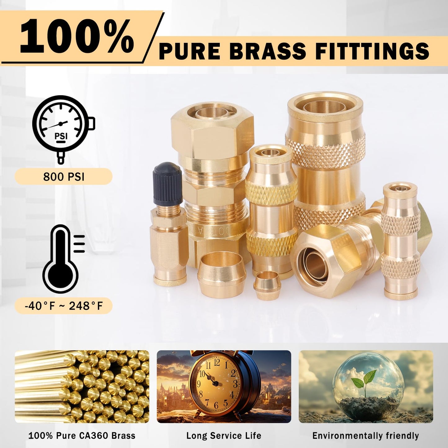 CheeMuii 74 PCS Brass DOT Air Line Fittings Kit DOT Push Lock and Compression Air Fittings Pure Brass Quick Connect Straight Union 1/8" 5/32" 1/4" 3/8" 1/2" 5/8" 3/4" Air Hose Fittings Assortment