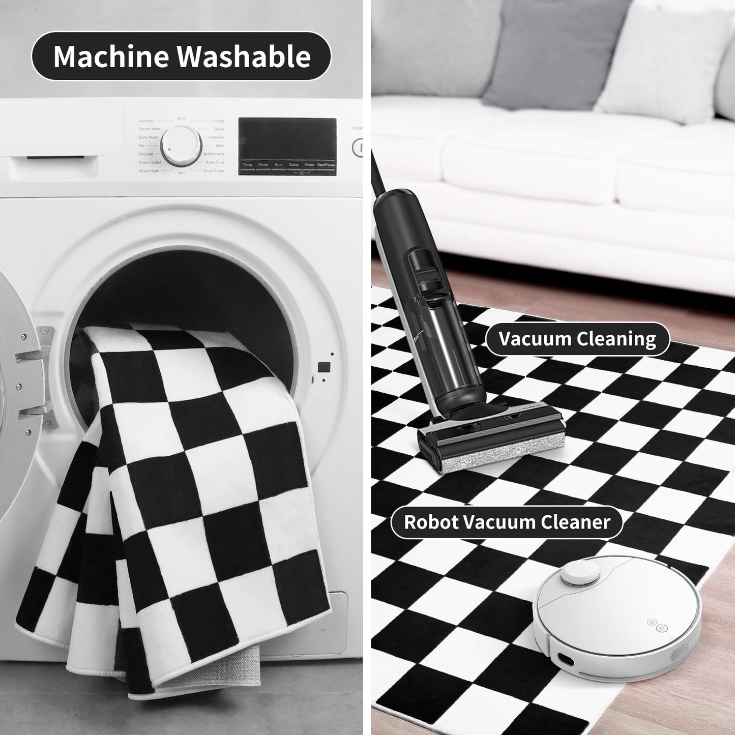 Terrug Black and White Checkered Rug for Living Room,6x9 Area Rugs Washable with Non Slip for Bedroom,Soft Low Pile Stain Resistance Retro Carpet for Dorm Kids Room