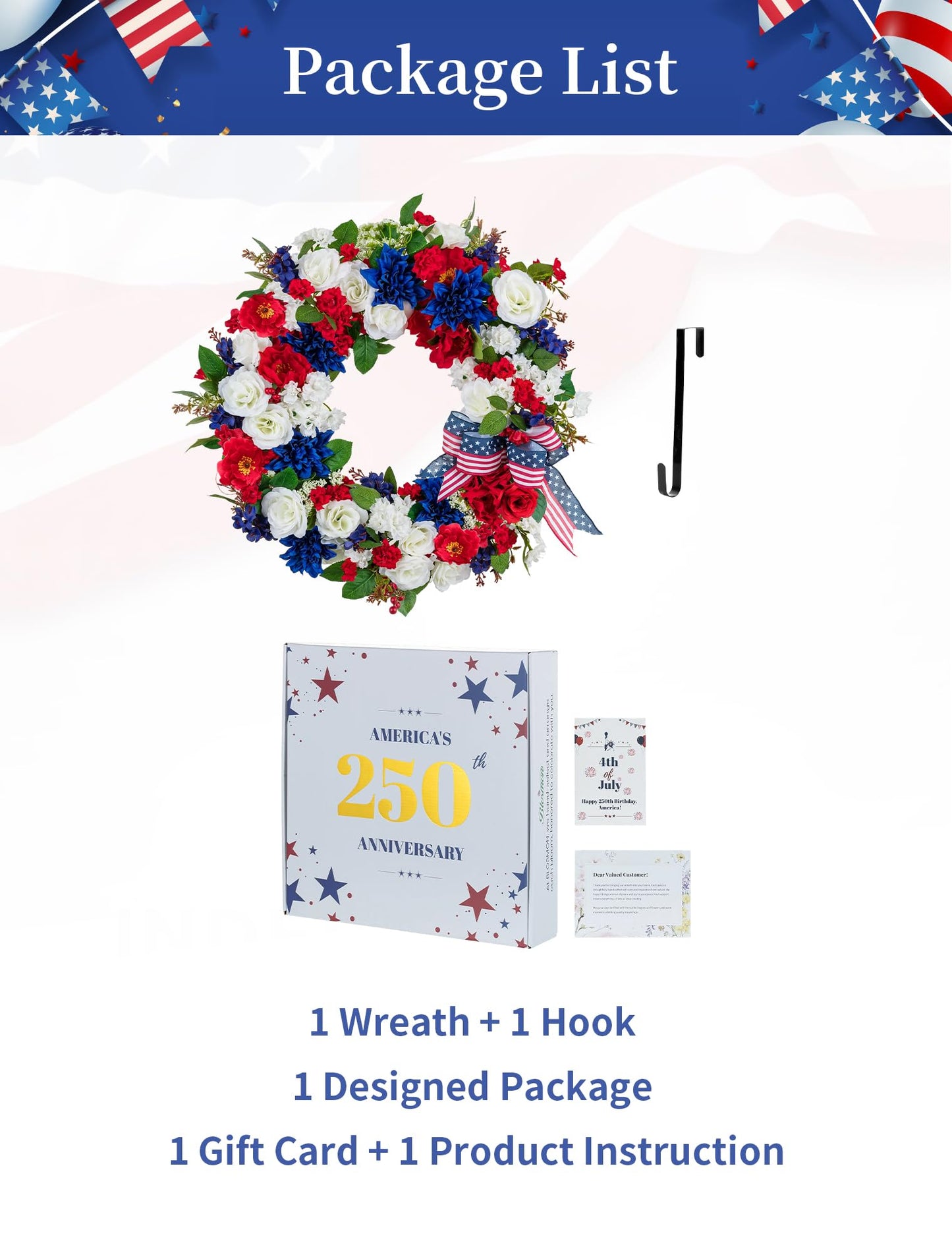 BLOSMON 4th of July Patriotic Wreath: Front Door 24 Inch Red White and Blue Wreaths 250 Anniversary USA Outdoor Decorations - Fourth of July America Summer Wreath with Hanger for Home Party Gift