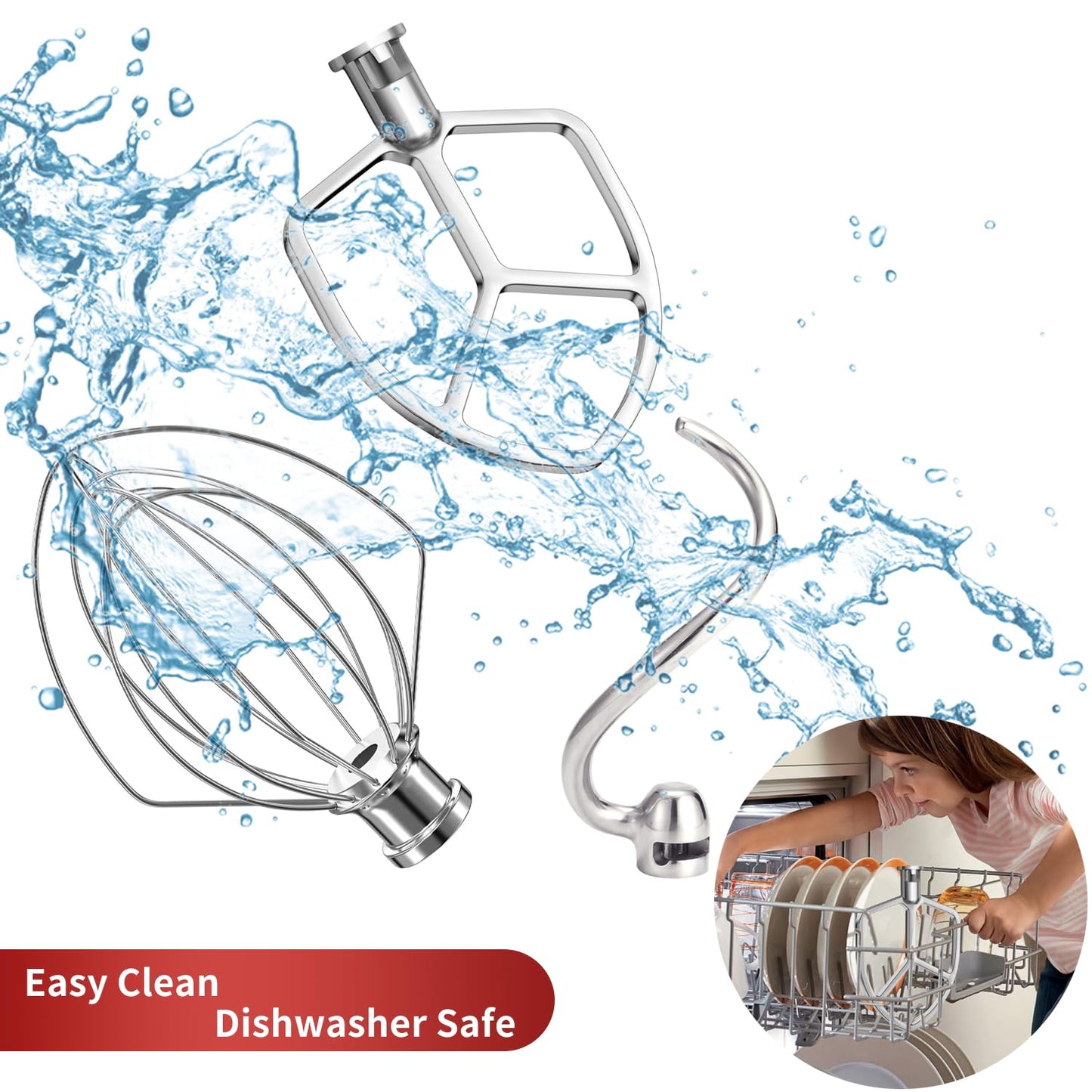 Stainless Steel 3 Piece kit Attachments for KitchenAid Stand Mixer and 5.5-6 Quart Bowl, Dishwasher Safe (5.5-6QT Flat Beater, 6QT Dough Hook, KN256 6-Wire Whip Attachment)
