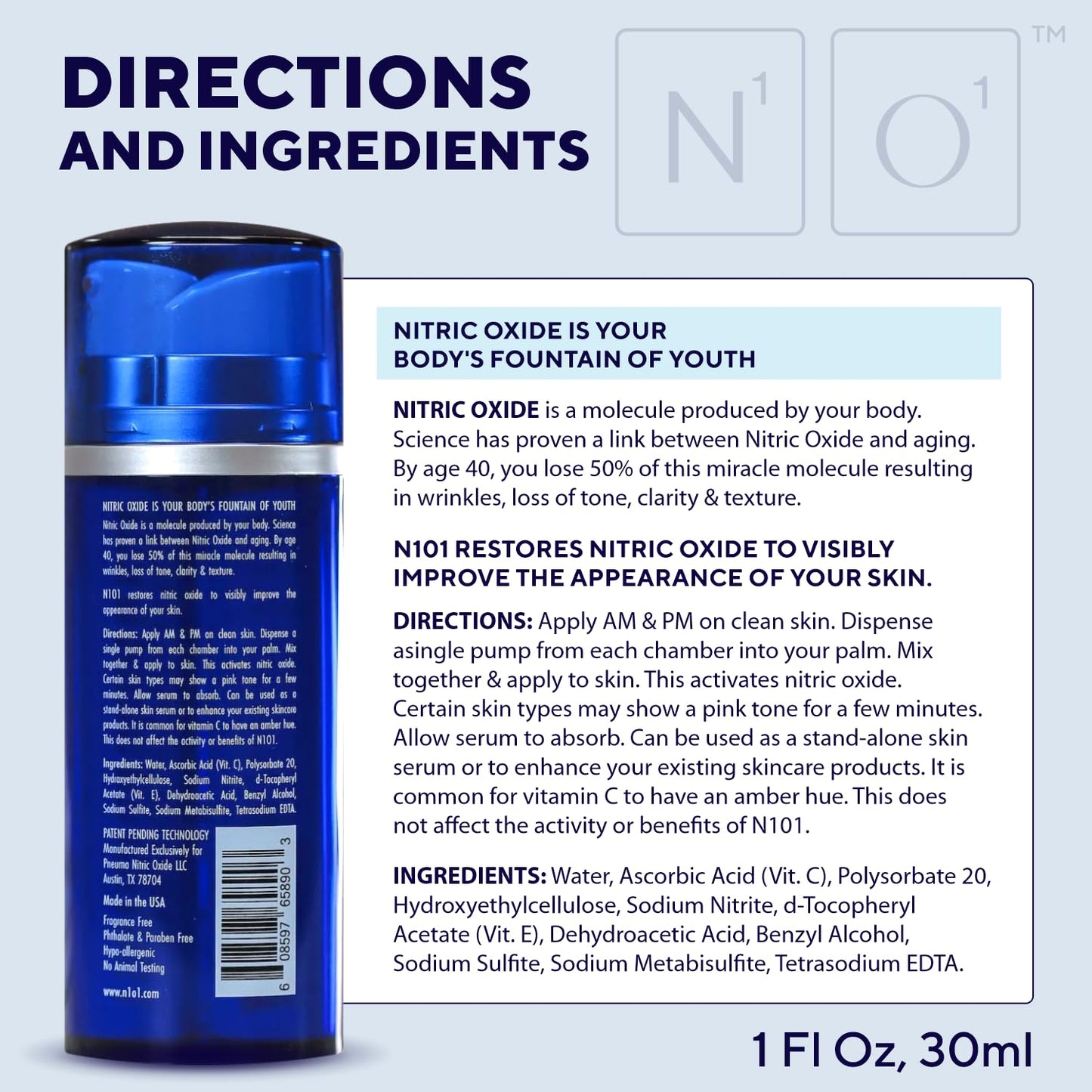 Nitric Oxide Activating Serum with Antioxidants | Hydrating Serum For Face | Decreases Wrinkles | Pore Minimizer | Improves Skin Texture | Helps Dark Spots | 1 Fl Oz, 30ml