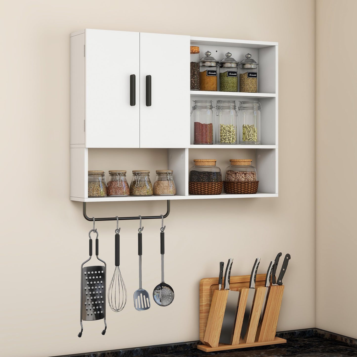 Vavkorkula Bathroom Wall Cabinet, Medicine Cabinet, Wall Mounted Bathroom Cabinet with 2 Doors & Towel Bar, Over The Toilet Storage Cabinet for Laundry & Kitchen, White