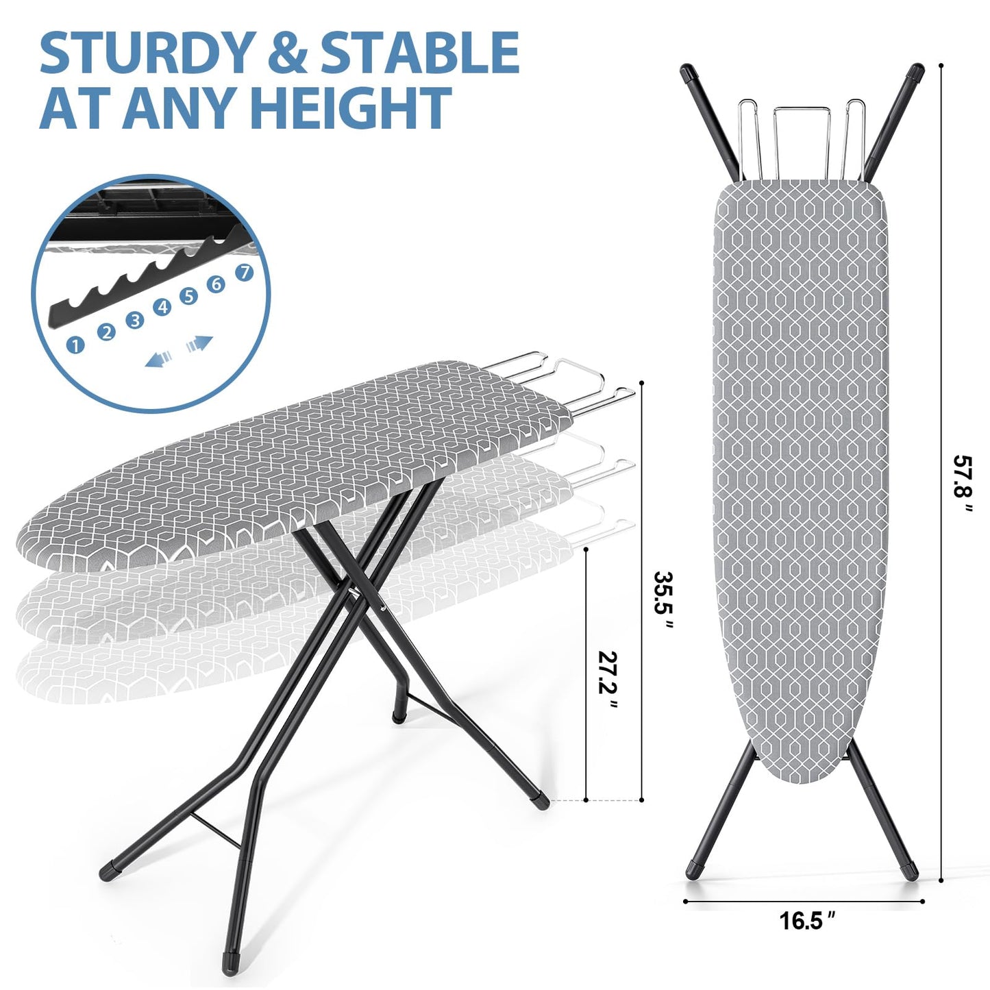 KINGBOARD Foldable Ironing Board Full Size, Iron and Ironing Board Set Standard Size, Iron Boards with Ironrest & Adjustable Height,Heavy Duty Iron Table Stand with Metal Legs &Thick Cover,43x13 Gray