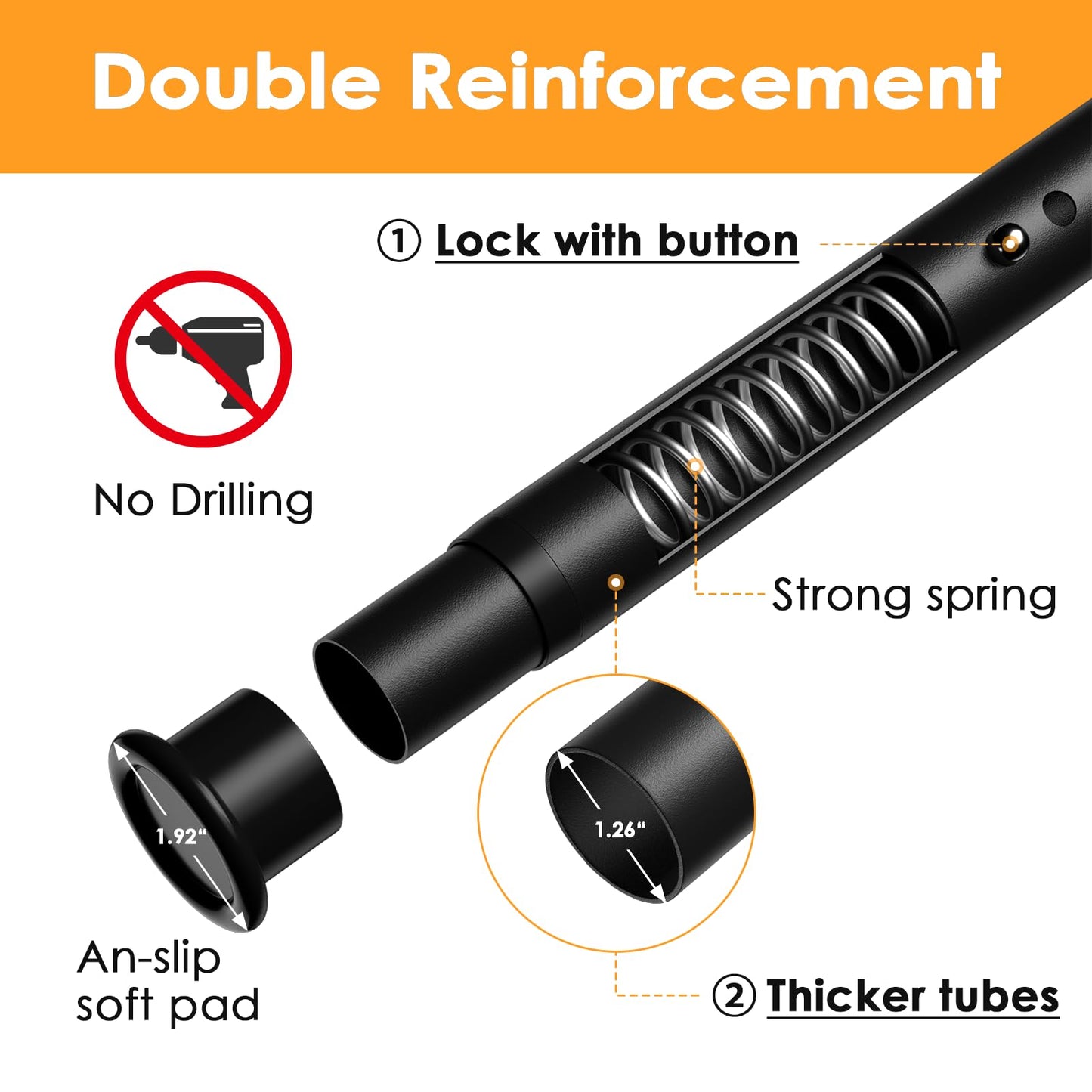 FVONZN Tension Curtain Rod 43-124 Inches Extra Long Black Heavy Duty Tension Rods Adjustable Curtain Rod No Drilling Spring Loaded Tension Rod for Windows Patio Hold Up Blackout Curtains and Non Slip
