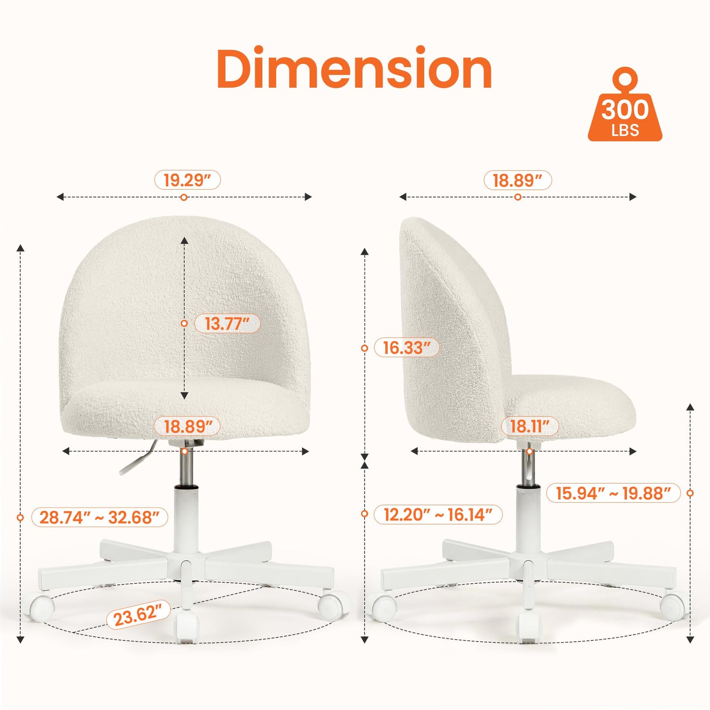 NEO CHAIR Office Vanity Chair with Wheels Comfy Desk Chair for Girls Cute Computer Small Armless Adjustable Height Swivel for Home Bedroom Task (White)