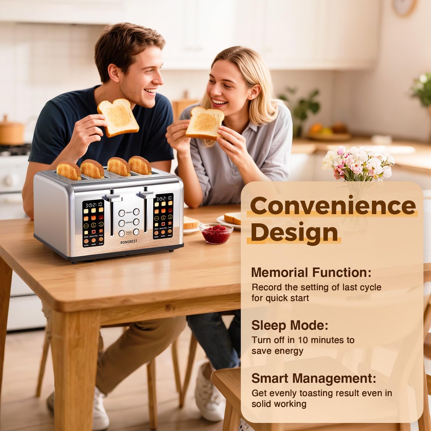 4 Slice Touch Screen Toaster, Stainless Steel Toaster with Wide Slots for Bagels and Bread, Reheat/Defrost/Cancel Functions, Removable Crumb Tray, Silver
