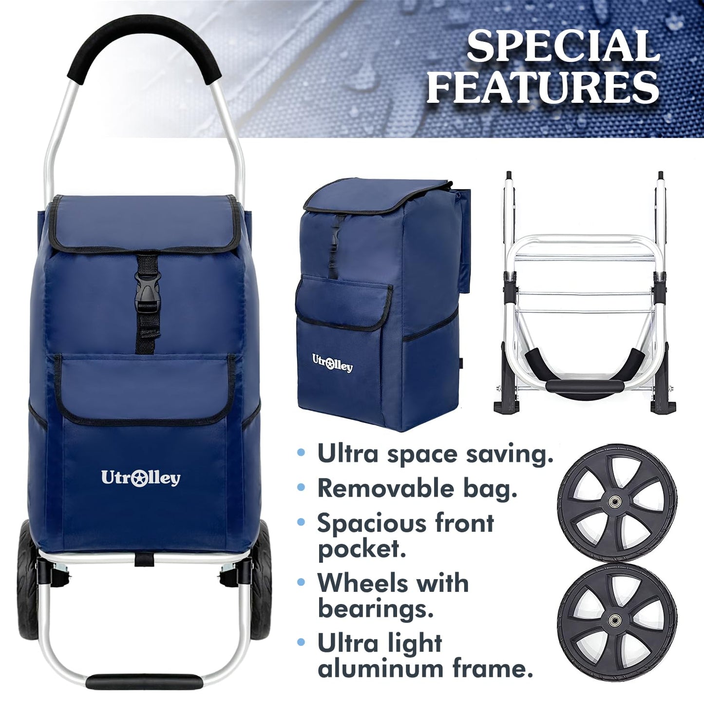 UTROLLEY Ultra-Lightweight Blue Foldable Shopping Cart for Groceries Large 42L Capacity Rubber Wheels, Removable Insulated Bag Liner, Durable Aluminum Frame, Multi-Function Personal Hand Truck