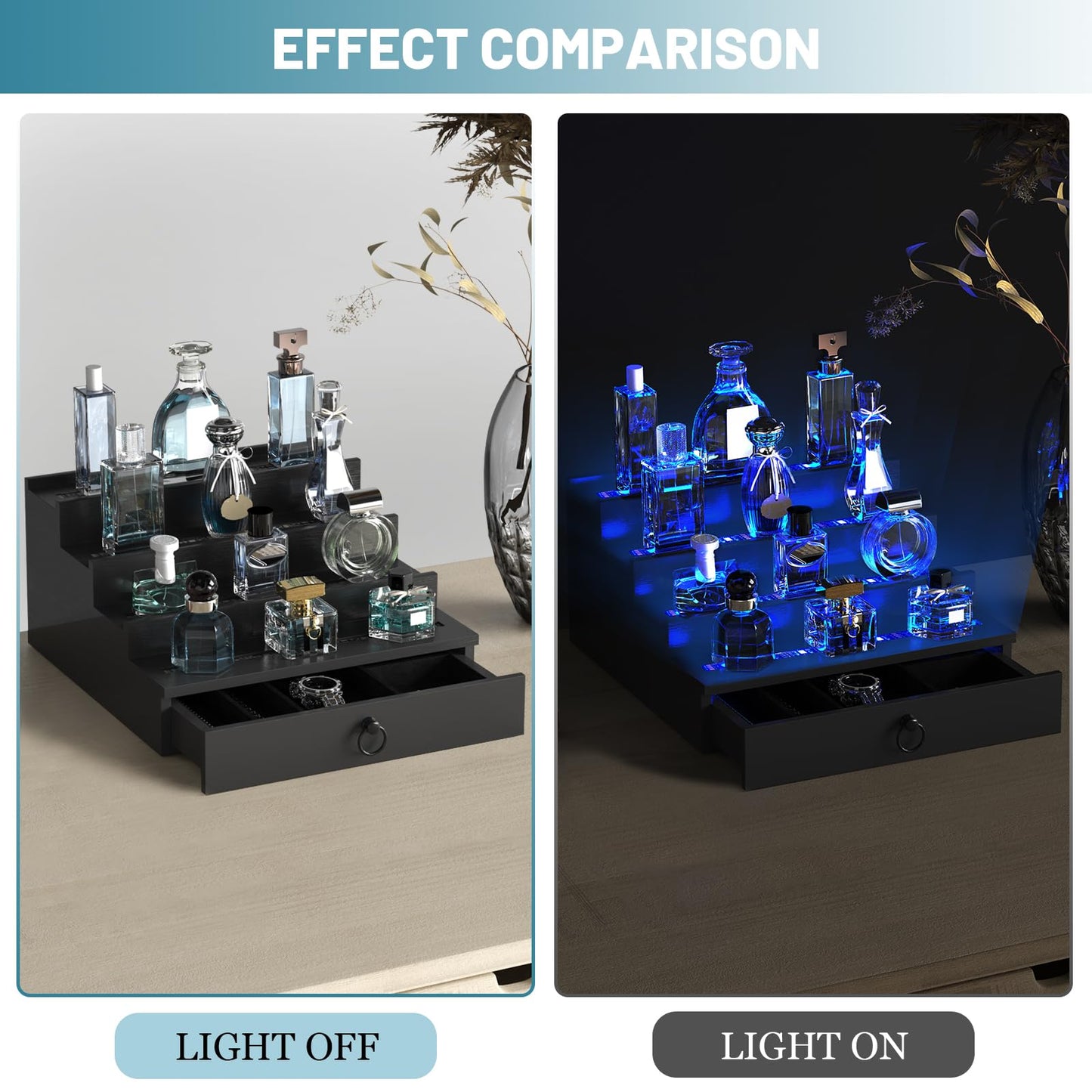 LED Lighted Cologne Organizer for Men, 4 Tier Wood Perfume Organizer with Velvet Lined Drawer, Multi Lighting Modes Perfume Display Holder with Remote Control, Cologne Shelf Stand, Nice Gift for Men