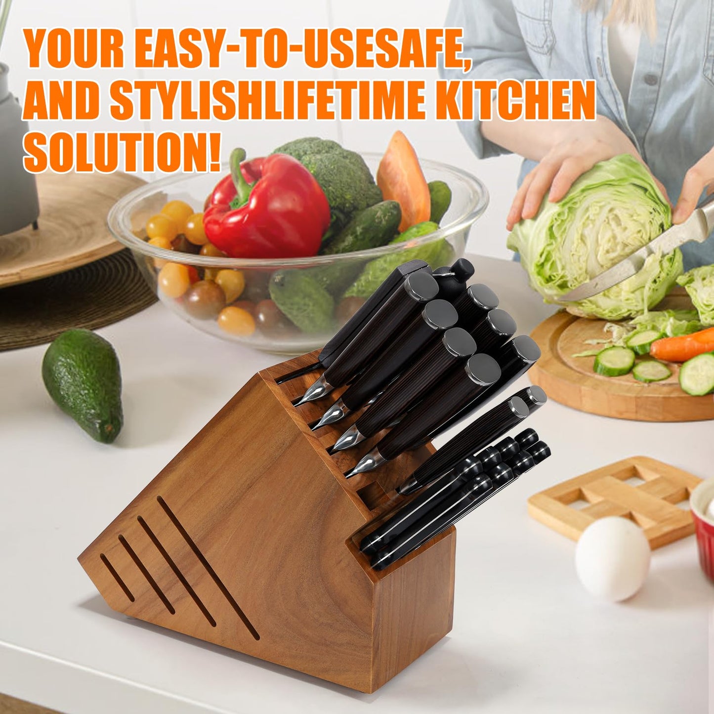 Teak Wood Knife Block Holder without Knives, 20 Slot Large Universal Wooden Knife Block Organizer with Wide Slots and Secure Stand, Countertop Butcher Block for Kitchen Storage