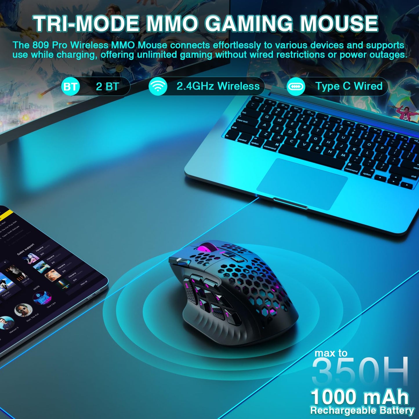 SOLAKAKA SM809 Pro Wireless MMO Gaming Mouse with 9 Side Buttons,24000 DPI,Triple Connectivity (2.4G/BT/Wired) RGB MMO Mouse for Gamer,16 Programmable Macros,Up to 350H Battery Life,Black