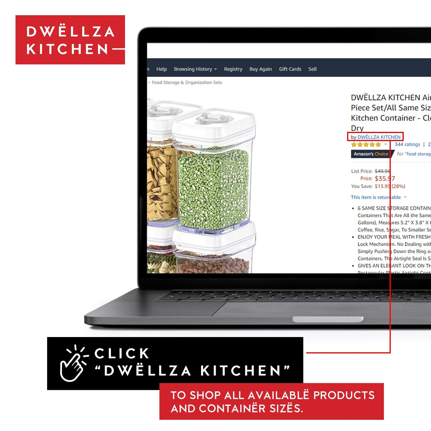 DWËLLZA KITCHEN Airtight Food Storage Containers for Pantry With White Lids – 6 Pack - Clear Air Tight Kitchen Containers Pantry Organization and Storage - BPA-Free Plastic - Keeps Food Fresh & Dry