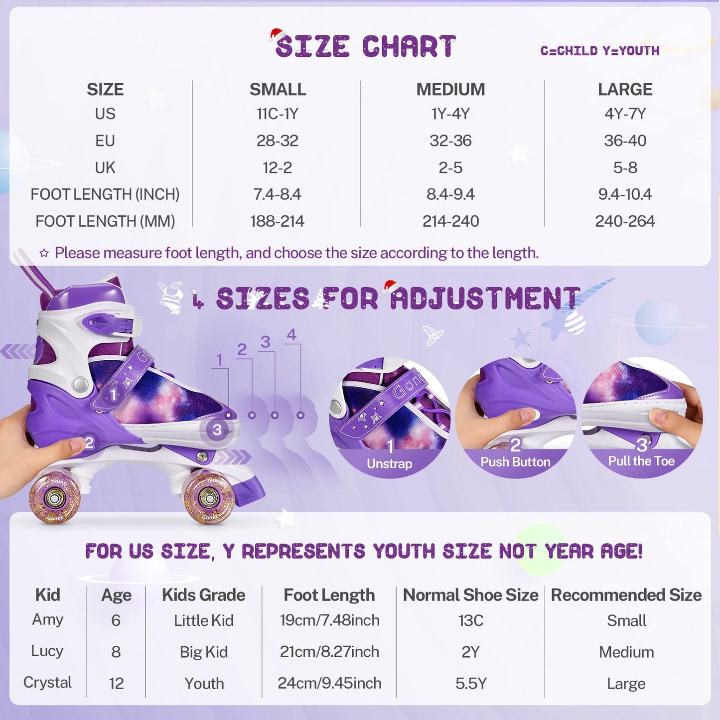 Gonex Roller Skates for Girls Kids Boys Women with Light up Wheels and Adjustable Sizes for Indoor Outdoor (Purple, M - Big Kids (1Y-4Y US))