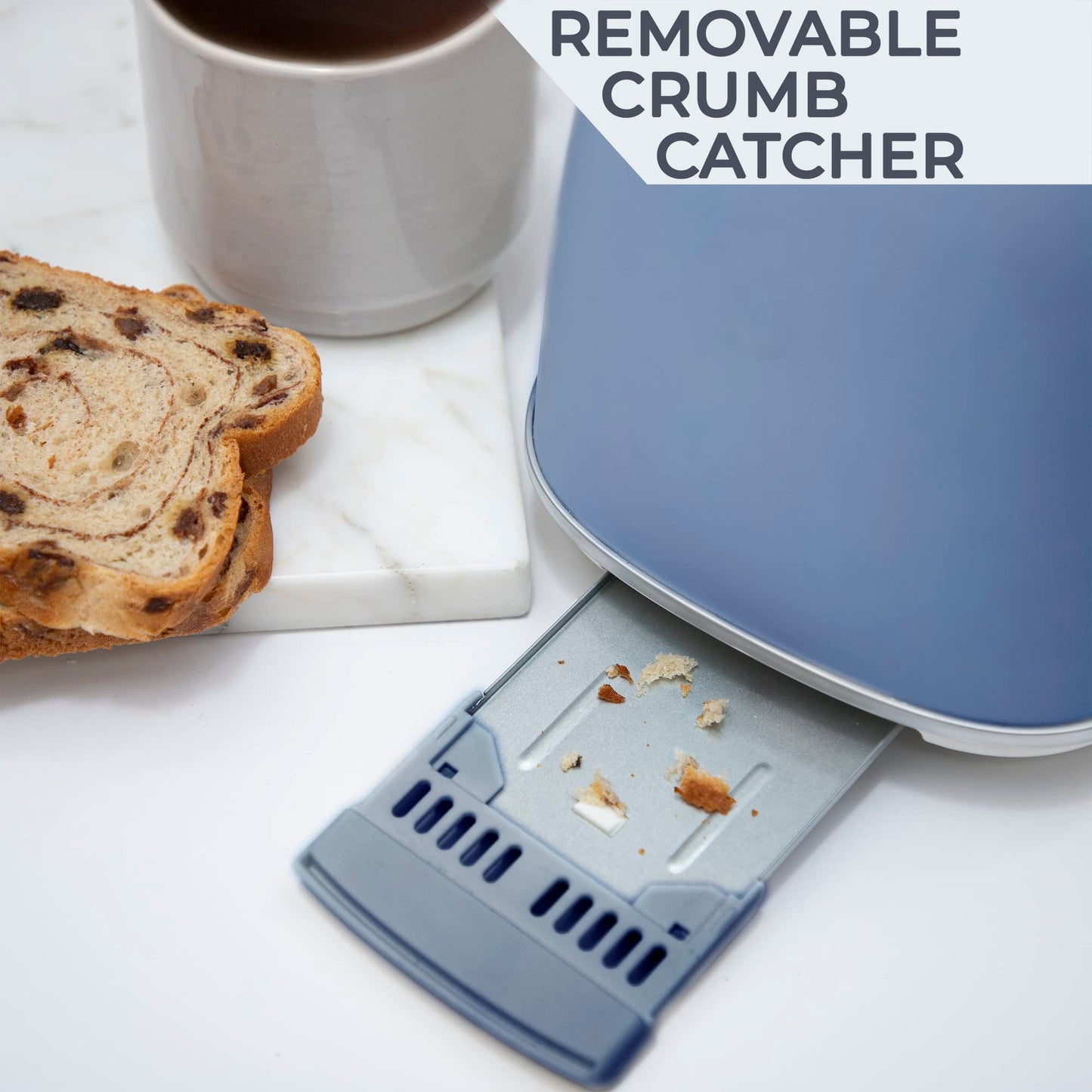 Rae Dunn Retro Rounded Bread Toaster, 2 Slice Stainless Steel Toaster with Removable Crumb Tray, Wide Slot with 6 Browning Levels, Bagel, Defrost and Cancel Options, Navy