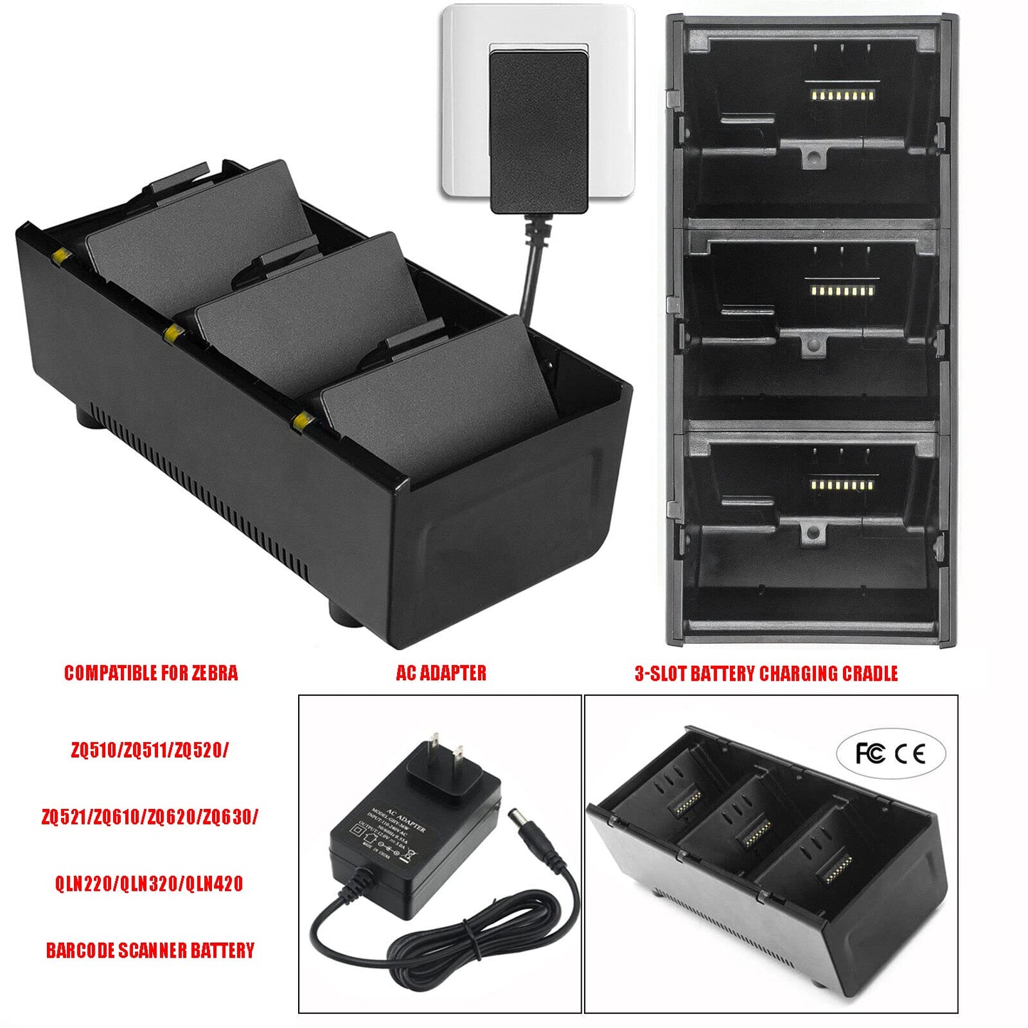 LANADO 3-Slot Battery Charging Cradle Kit for Zebra ZQ510, ZQ511, ZQ520, ZQ521, ZQ610, ZQ620, ZQ630, QLN220, QLN320, QLN420 Barcode Scanners, 12V Output, Black