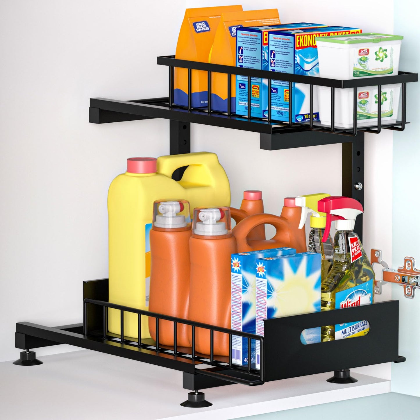 Saydear Under Sink Organizer, 2-Tier Premium Metal Pull-Out Racks with Adjustable Height, Heavy Duty Sliding Bin for Bathroom and Kitchen Cabinet Storage, Rust Resistant 2 Pack Black