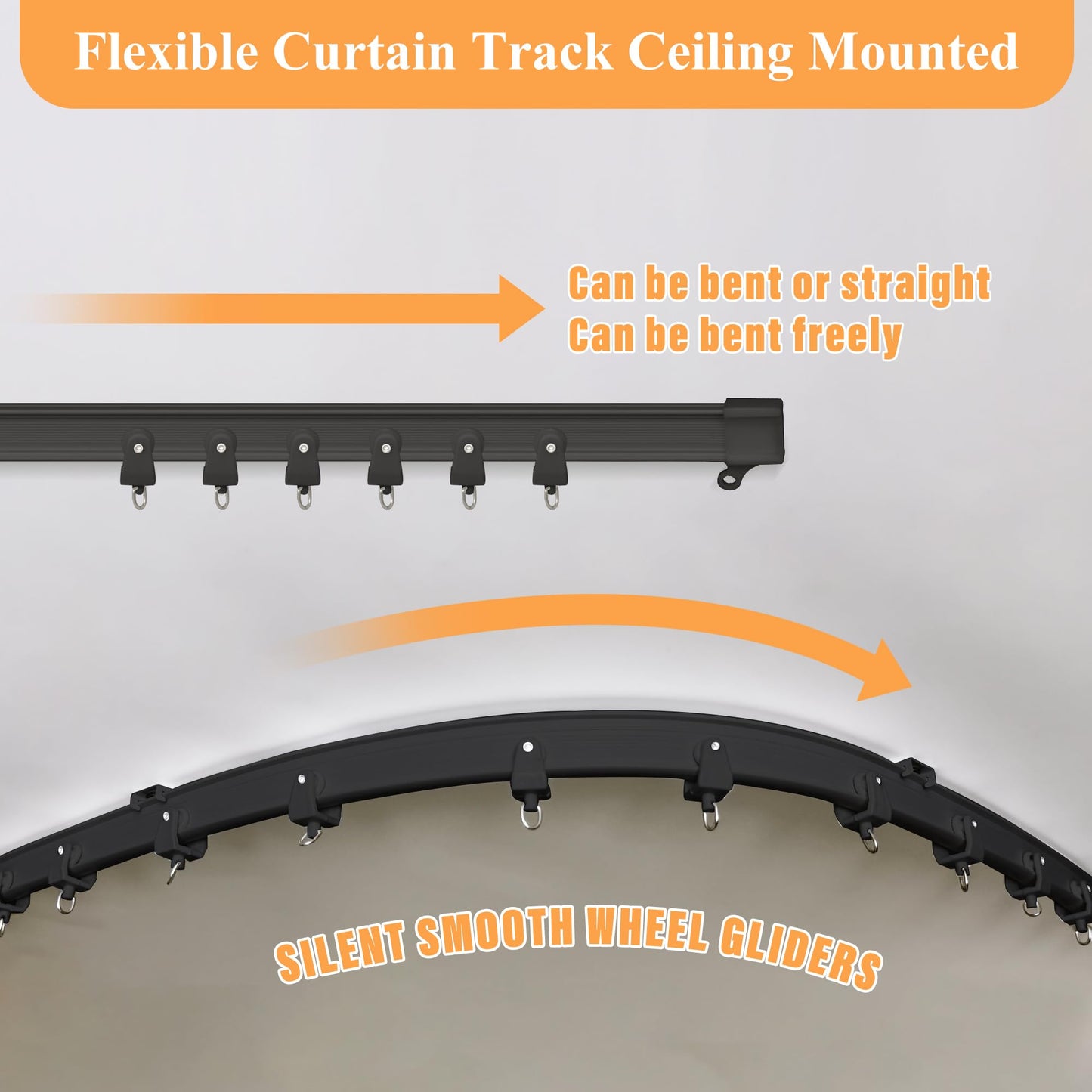 MaKefeile Room Divider Curtains with Flexible Ceiling Curtain Tracks Set,100% Blackout Floor to Ceiling Curtains Patio Sliding Door Curtains (Black Drape & Black Rail W 8.3 × H 7 FT)