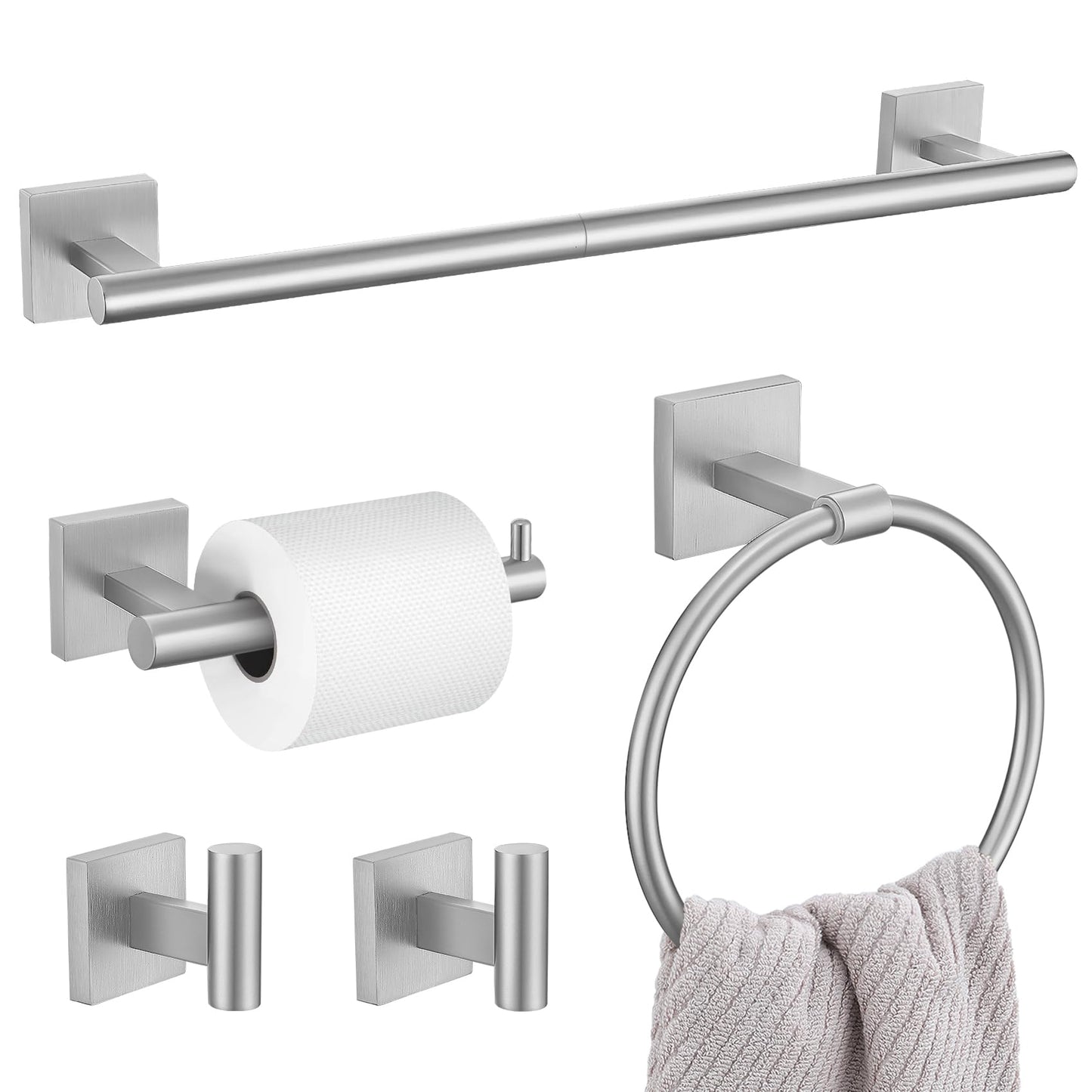 5 Pieces Bathroom Hardware Set, Brushed Nickel Towel Bar Set Includes 23.6” Towel Bar, Towel Ring Holder, Toilet Paper Holder and Two Towel Hooks, Bathroom Accessories Set SUS304 Wall Mounted