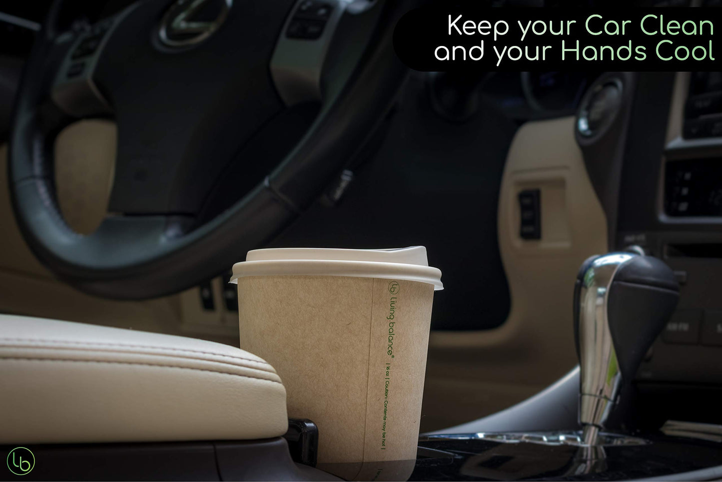 Certified Compostable Coffee Cups by Living Balance | 12oz - 100 cups with Compostable Lids, Stirrers, and Integrated Sleeves