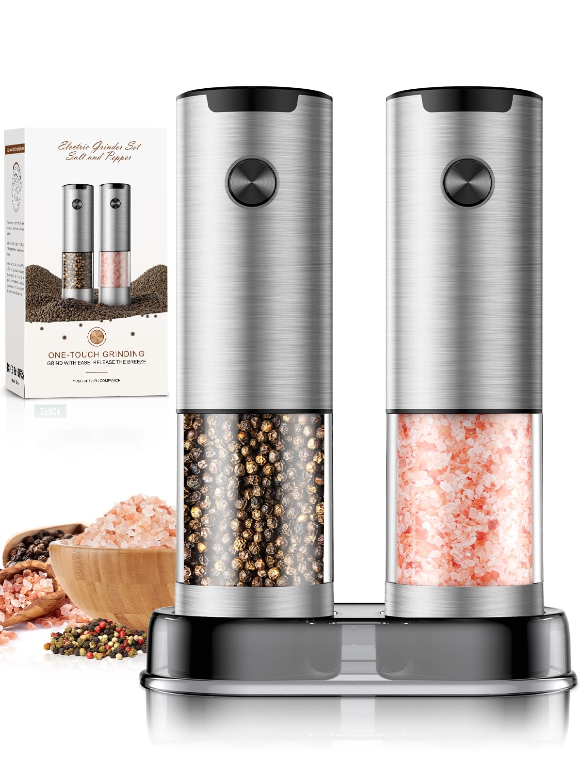 Electric Salt and Pepper Grinder- Automatic Battery Pepper Mill Shakers Kitchen Essentials for New Home Adjustable Coarseness Upgraded Larger Capacity with Led for Housewarming Gifts