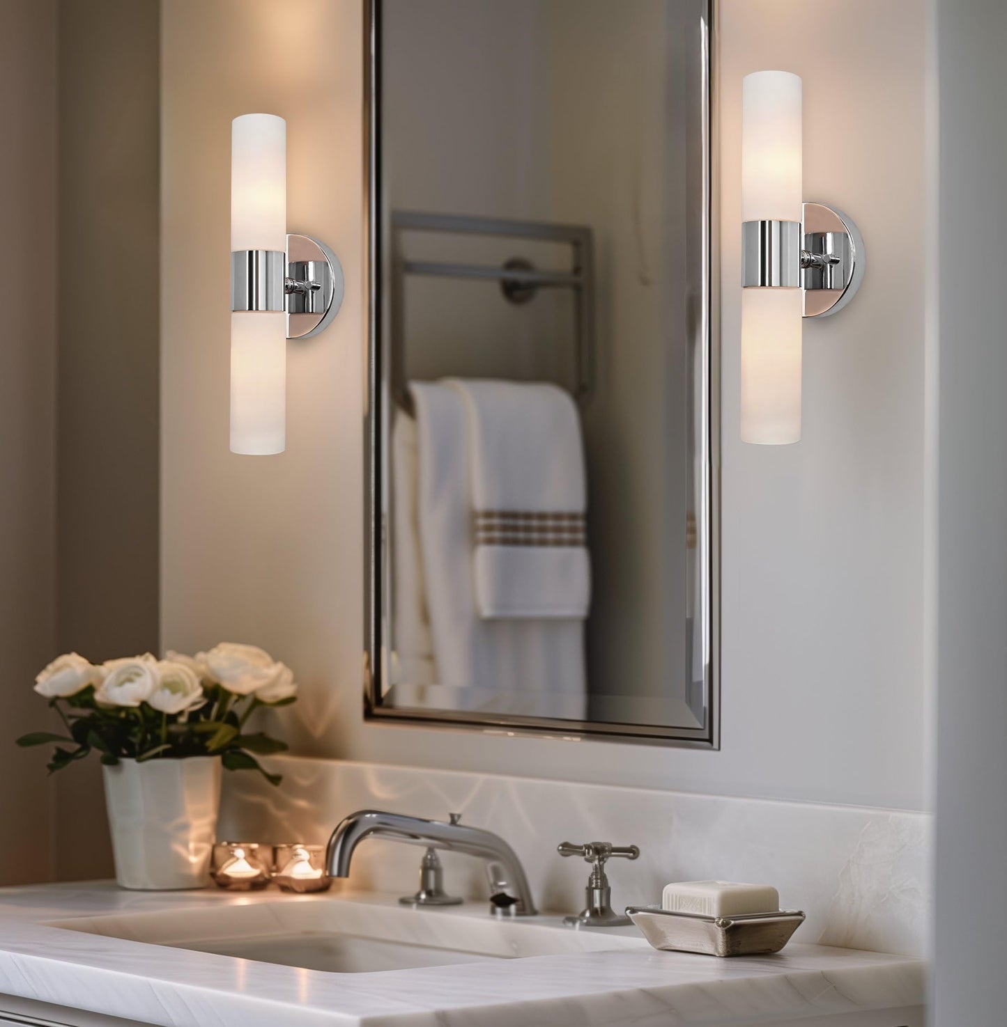 Kira Home Duo 14" Modern Wall Sconce with Frosted Glass Shades, for Bathroom/Vanity, Chrome Finish