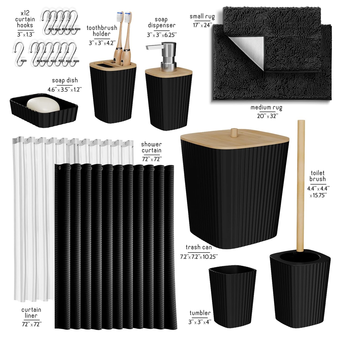 Clara Clark Bathroom Accessories Set - Bathroom Set, Bathroom Sets with Shower Curtain and Rugs, Shower Curtain Set with Bathroom Trash Can - Black - 22PC