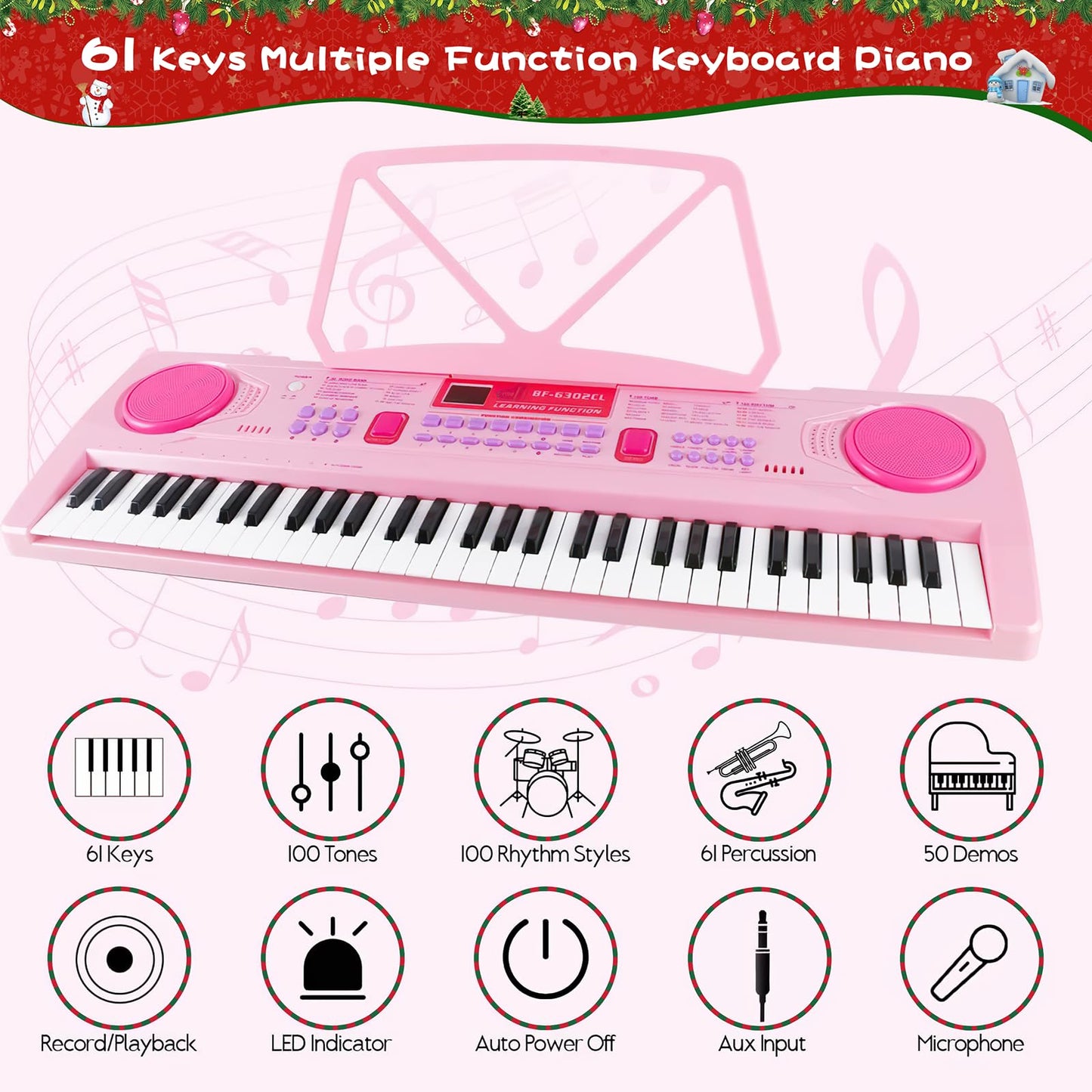 WOSTOO Kids Keyboard Piano, Portable 61 Keys Keyboard Electronic Digital Piano, Early Learning Educational Musical Piano Toy Keyboard for Beginners with Music Stand, Microphone (Pink) ﻿