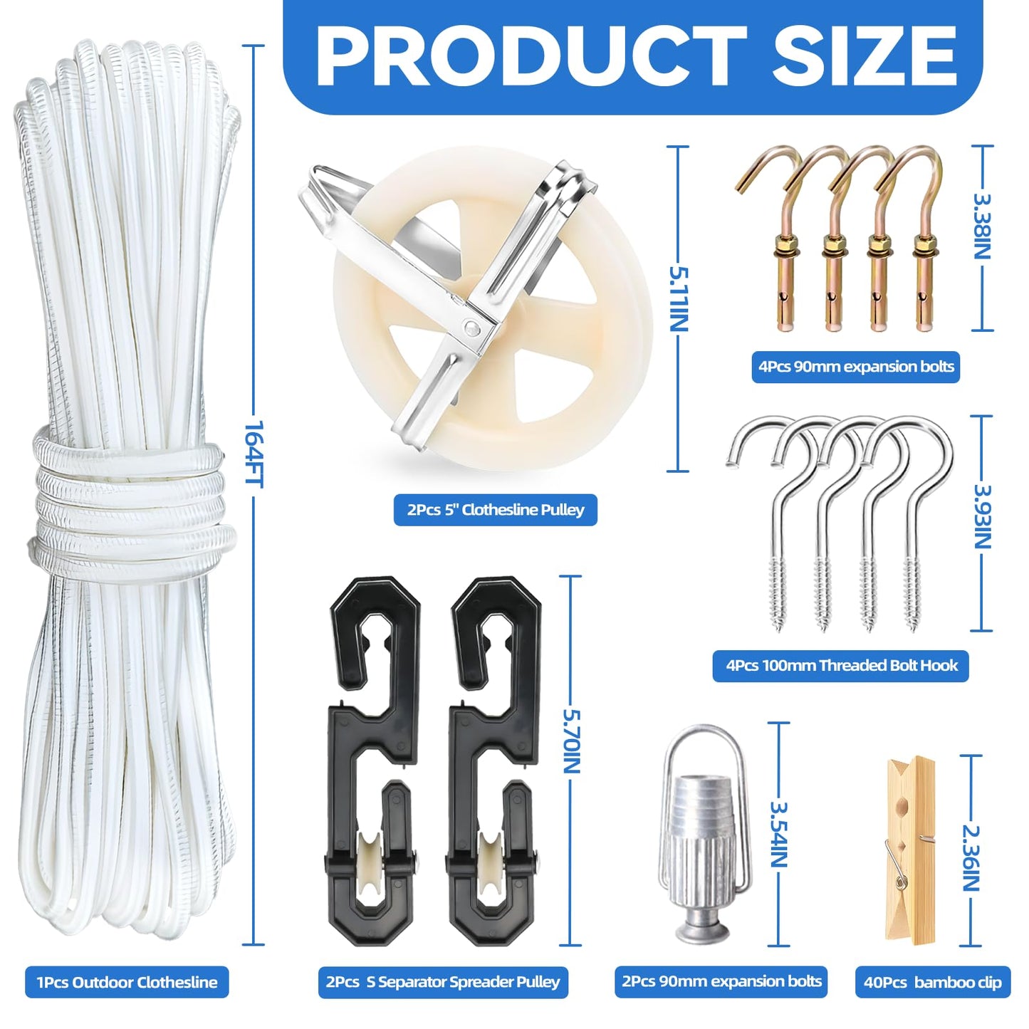 oyhqes Clothesline Kit Outdoors, Clothes Line Pulley Kit, 164ft Polyester Clothes Line Rope Outdoors Heavy Duty, Clothesline Pulley Kit with S Separator Spreaders, Rope Tightener, Hook for Clothes