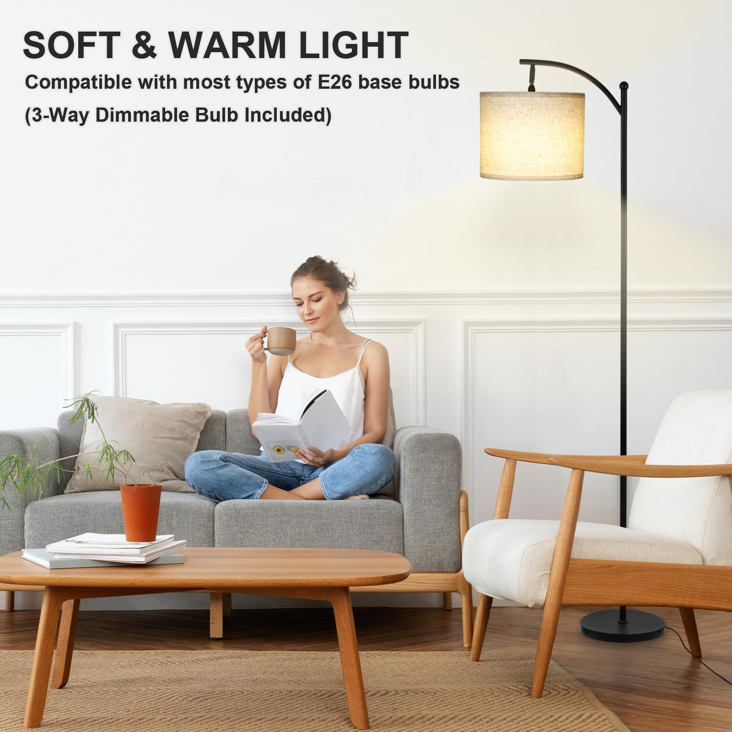 LALISU Modern Floor Lamp, 3-Ways Dimmable Standing Lamp with Linen Shade, Adjustable Height, Foot-Step Switch, Reading Lamp for Living Room, Bedroom, Office, 9W Bulb Included (Black)