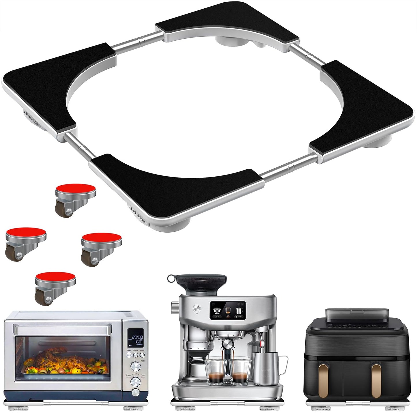 Adjustable Appliance Sliding Tray - Expandable 11" x 11"- 20" x 20" Slider Tray for Kitchen Appliances - 360° Countertop Rolling Tray with Locking Brakes for Coffee Makers