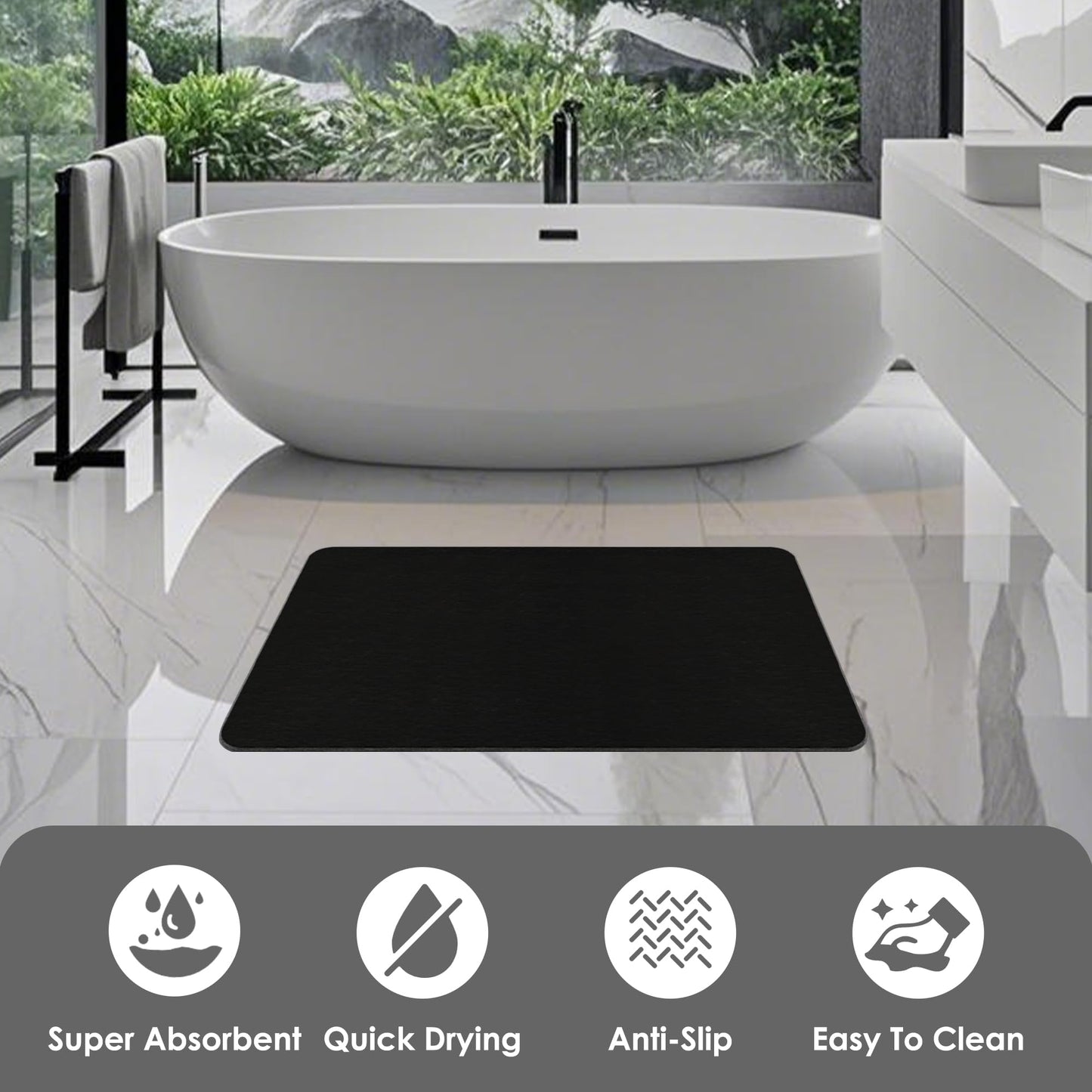 THMINS Black Stone Bath Mat, 32''x20'' Extra Large Stone Bath Mat, Super Absorbent Quick Drying for Bathroom, Easy to Clean