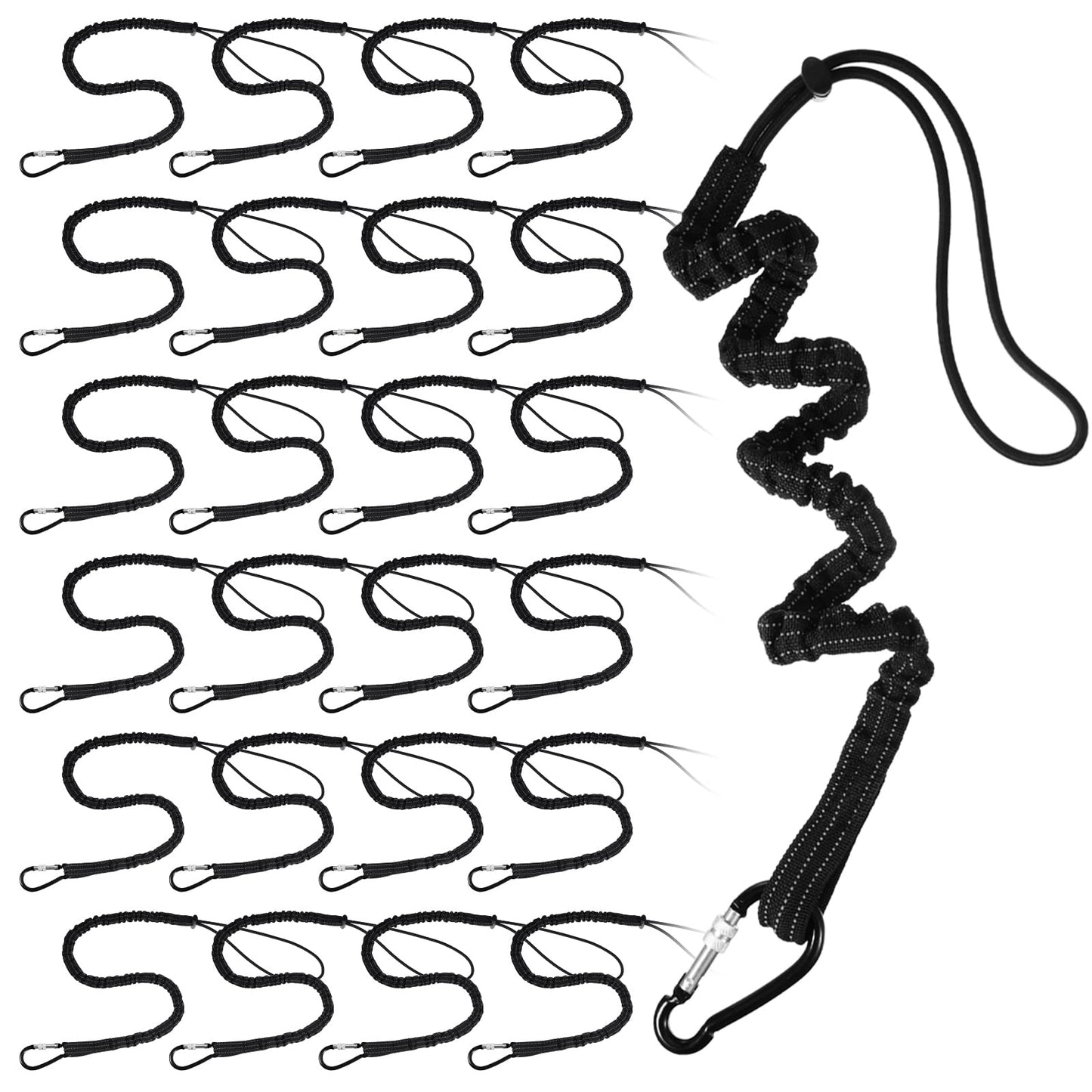 LEIFIDE 24 Pcs Tool Lanyard Standard Length Safety Tool Leash 17.6lb 8kg Tough Adjustable Fall Protection Tether with Aluminum Screw Lock Buckle, Shock Cord Stopper and Retractable Loop End, Black