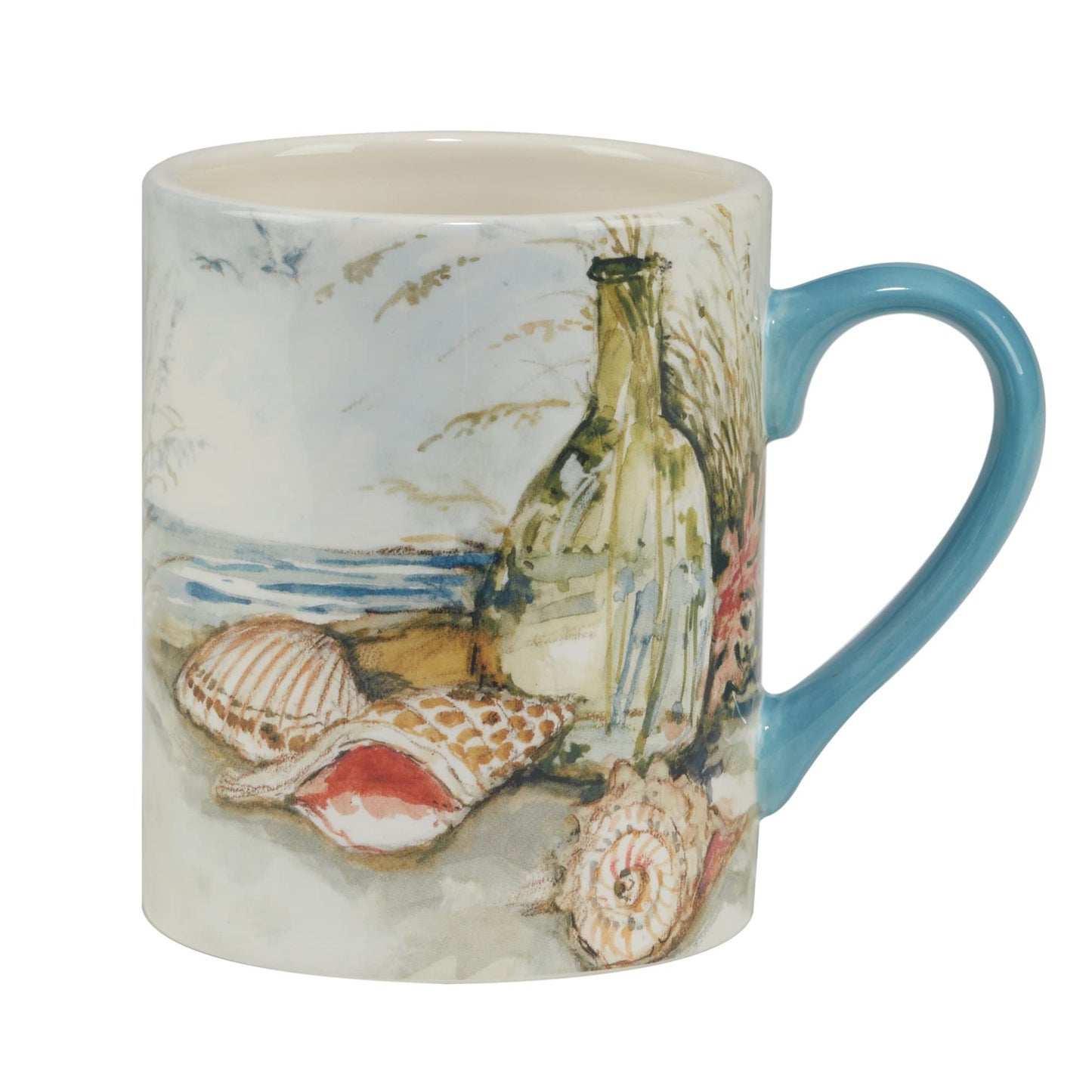 Coastal Landscape 16 oz. Ceramic Mugs – Set of 4 Assorted Beach Designs with Starfish, Shells & Ocean Bottles – Seaside Coffee Cups for Tea, Hot Cocoa, or Gifting – Blue Handle Accent