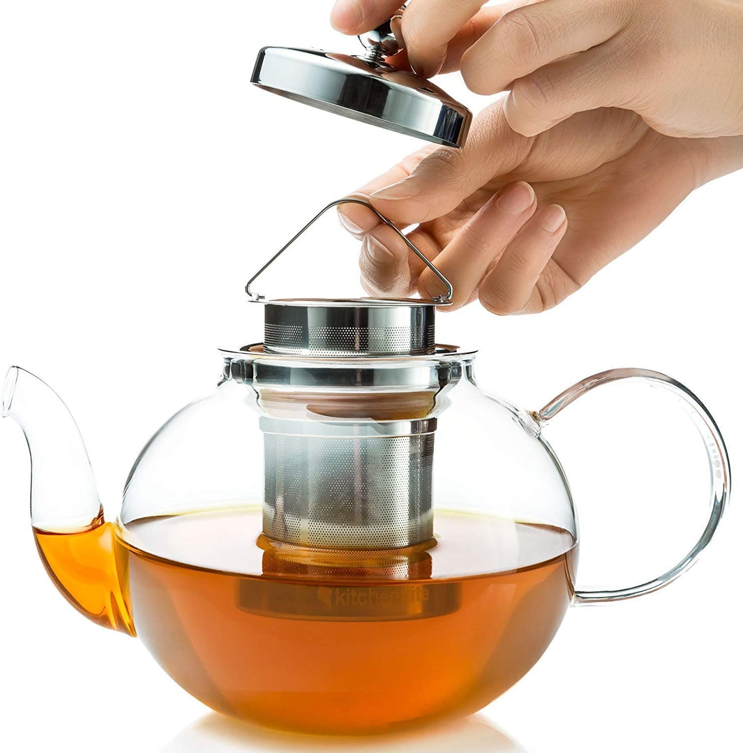 Kitchen Kite Glass Teapot Set with 4 Double Wall Teacups & Removable Stainless Steel Infuser - Microwave Dishwasher Safe Clear Blooming Loose Leaf Teas, Tea Maker Gift