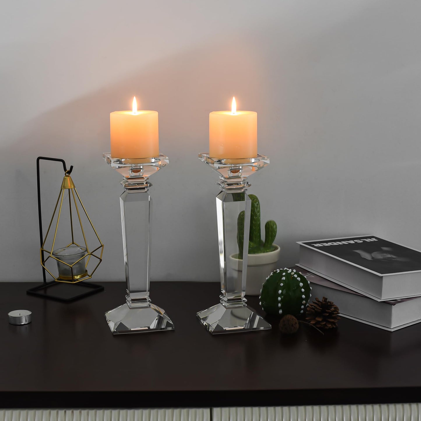 DONOUCLS Crystal Candlestick Holders 2 Pack- Clear Crystal Taper/Pillar Candles Holder– Table Centerpieces for Party and Wedding Decoration(10.6in Tall)