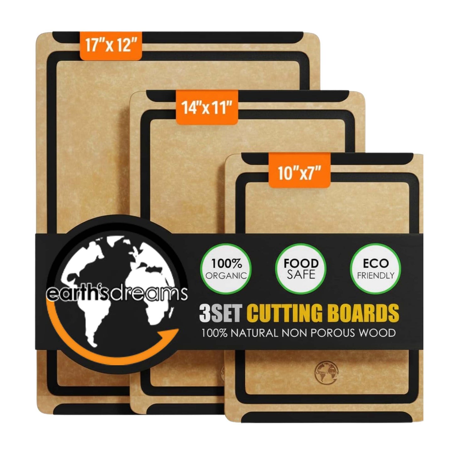 Earth's Dreams Composite Wood Cutting Board Set of 3 – Built In Juice Groove, Dishwasher Safe,Cutting Boards for Kitchen – Large, Medium & Small Non-Slip Wood Charcuterie & Chopping Boards (Tan/Black)