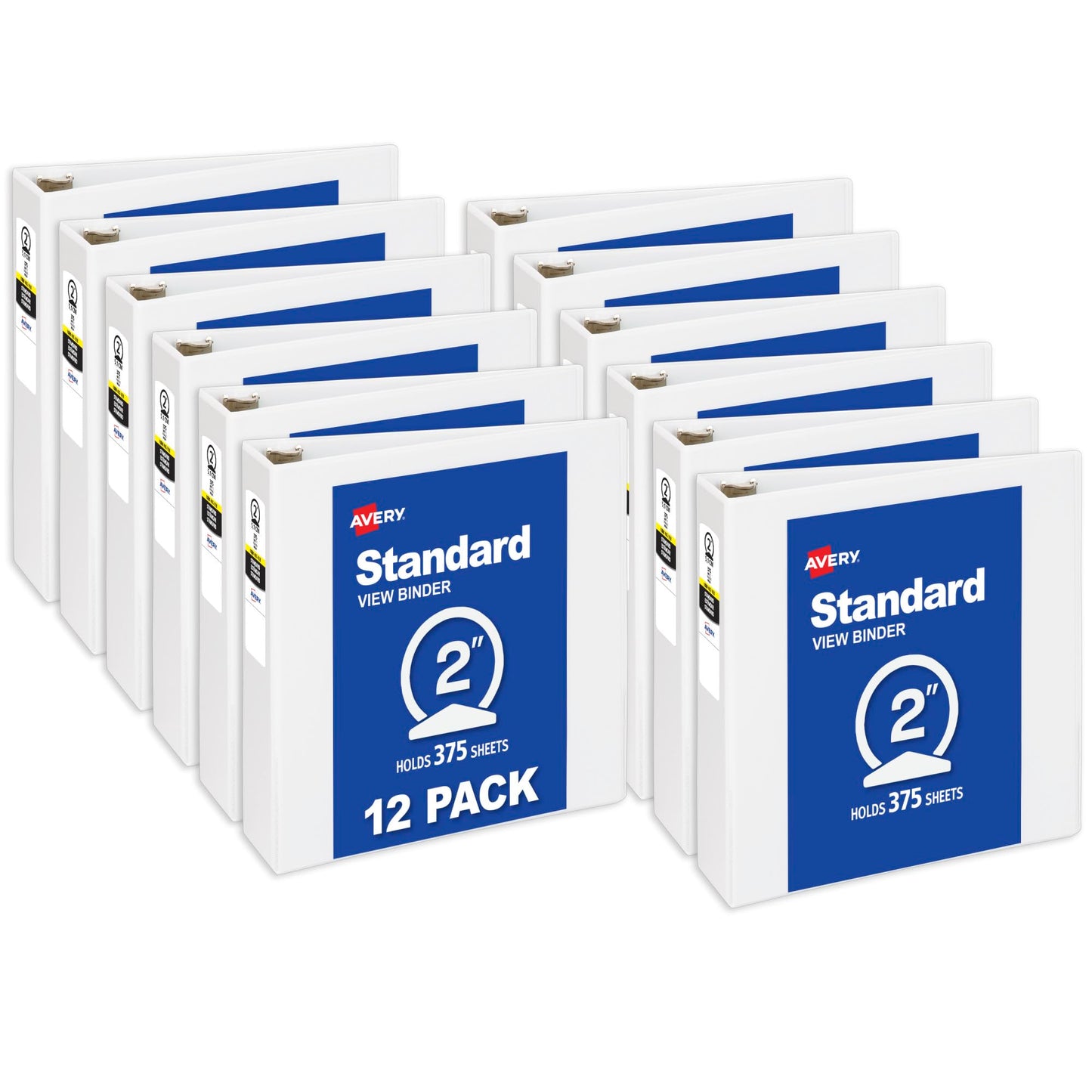 Avery Standard View 3 Ring Binders, 2" Round Rings, 375-Sheet Capacity, 2.8 Inch Wide Spine, White Binders, Ideal for Lightweight Organization and Occasional Referencing (12-Pack of 05731)