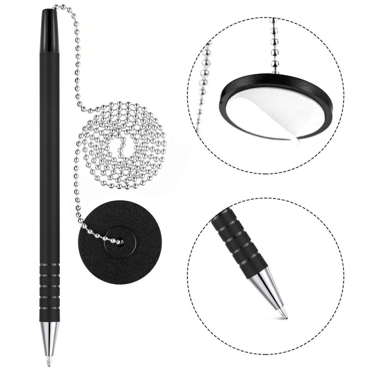 Security Pen Set with Bead Chain and Pen Holder, Desktop Pens with Chains, Blank Ink Refills for Office Bank Supplies, Black (64 Pieces)